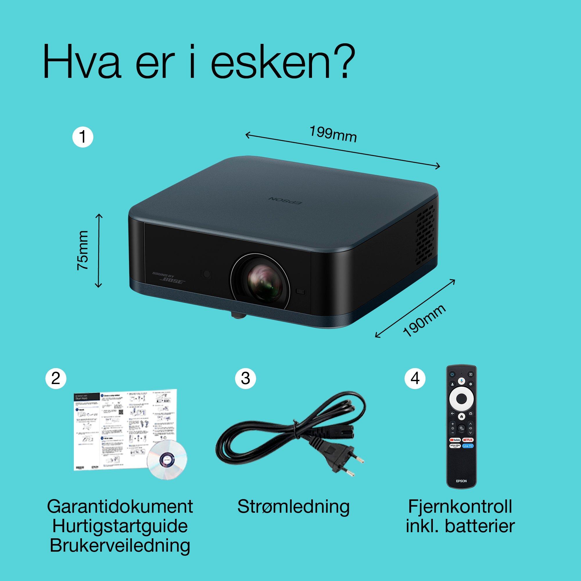 Epson Lifestudio Pop Plus EF-62N, bærbar smart projektor, Sound by Bose, Google TV, 4K Pro UHD, innendørs/utendørs bruk, 5 års-garanti* whats in the box
