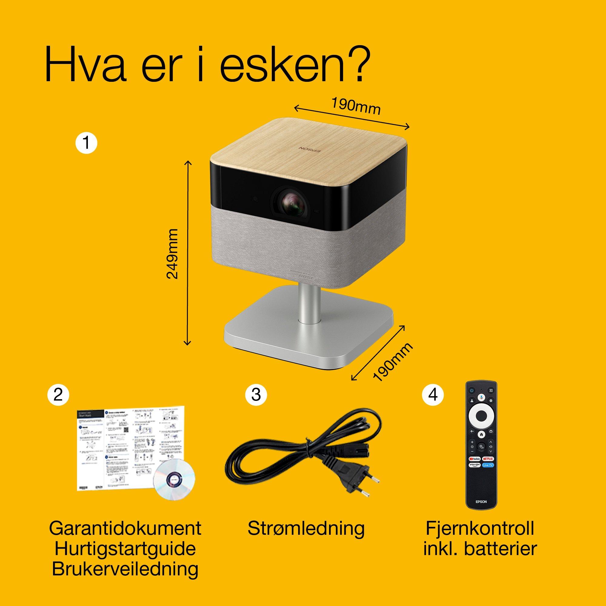 Epson Lifestudio Flex EF-72 Eik, bærbar smart projektor, Sound by Bose, Google TV, 4K Pro UHD,  LED-sidebelysning,  justerbart stativ, innendørs/utendørs bruk, 5 års garanti* whats in the box