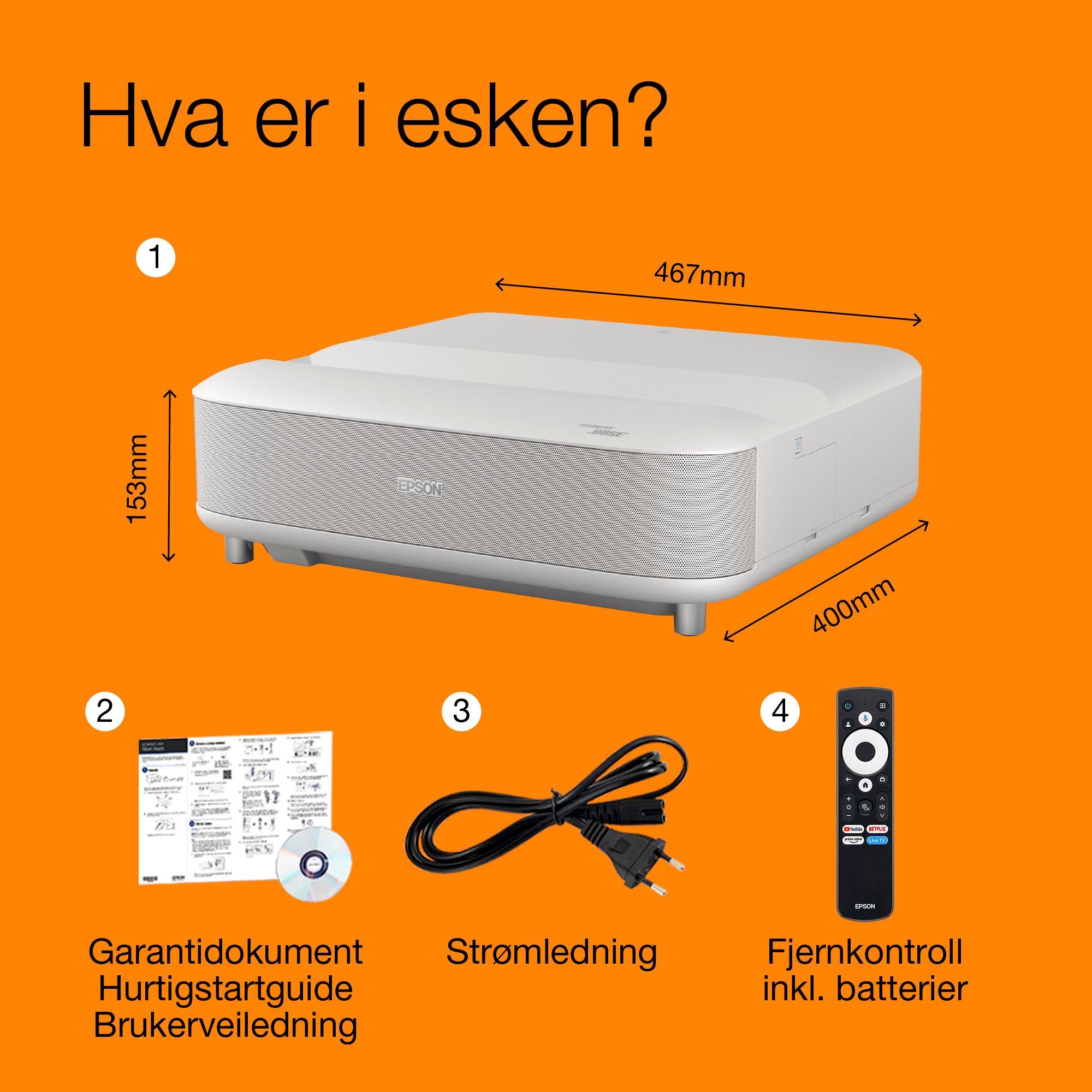 Epson Lifestudio Grand EH-LS670W Hvit diamant, smart laserprojektor med ekstra kort projeksjonsavstand, 4K PRO-UHD, Sound by Bose, Google TV, opptil 120 whats in the box