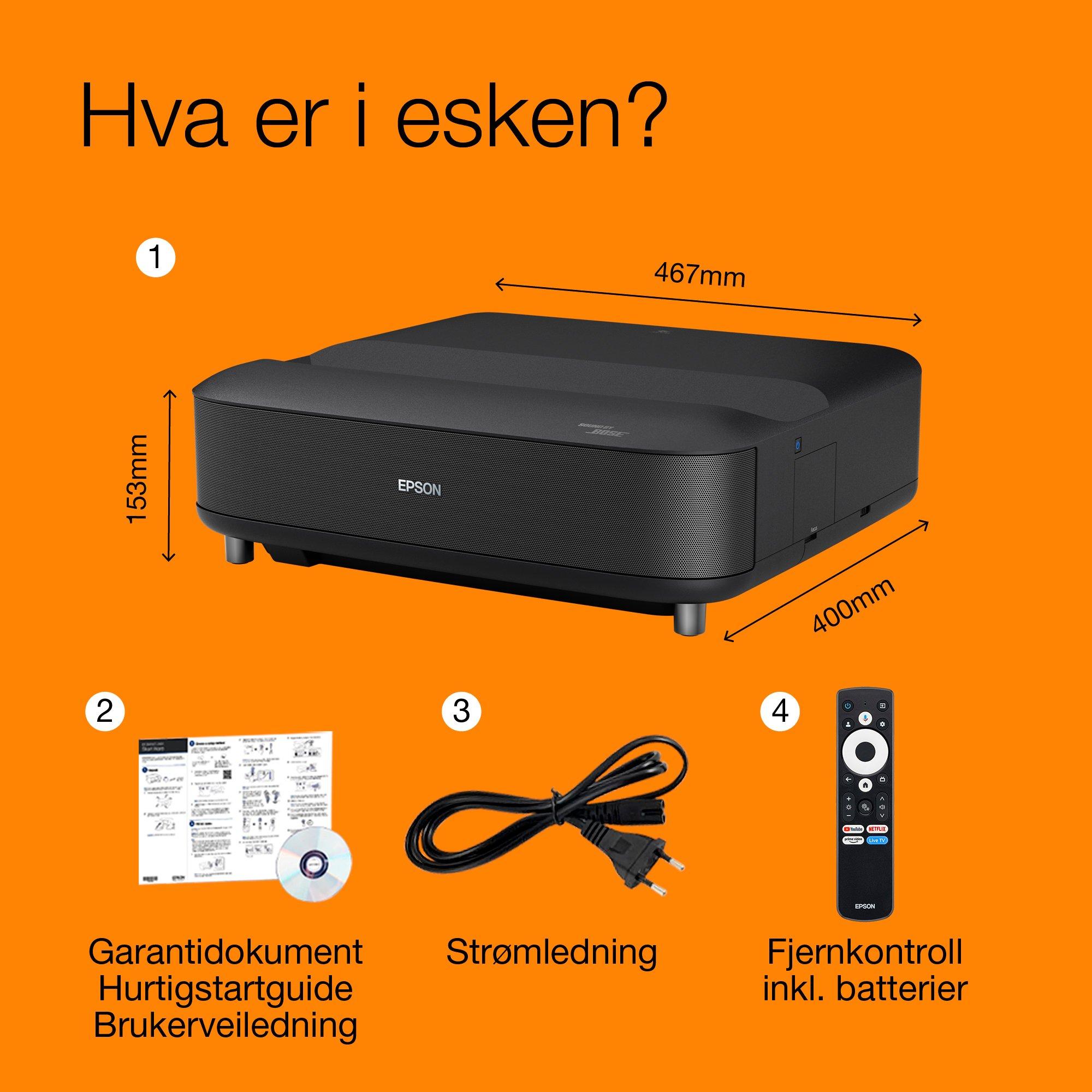 Epson Lifestudio Grand EH-LS670B Metallisk svart, smart laserprojektor med ekstra kort projeksjonsavstand, 4K PRO-UHD, Sound by Bose, Google TV, opptil 120 whats in the box