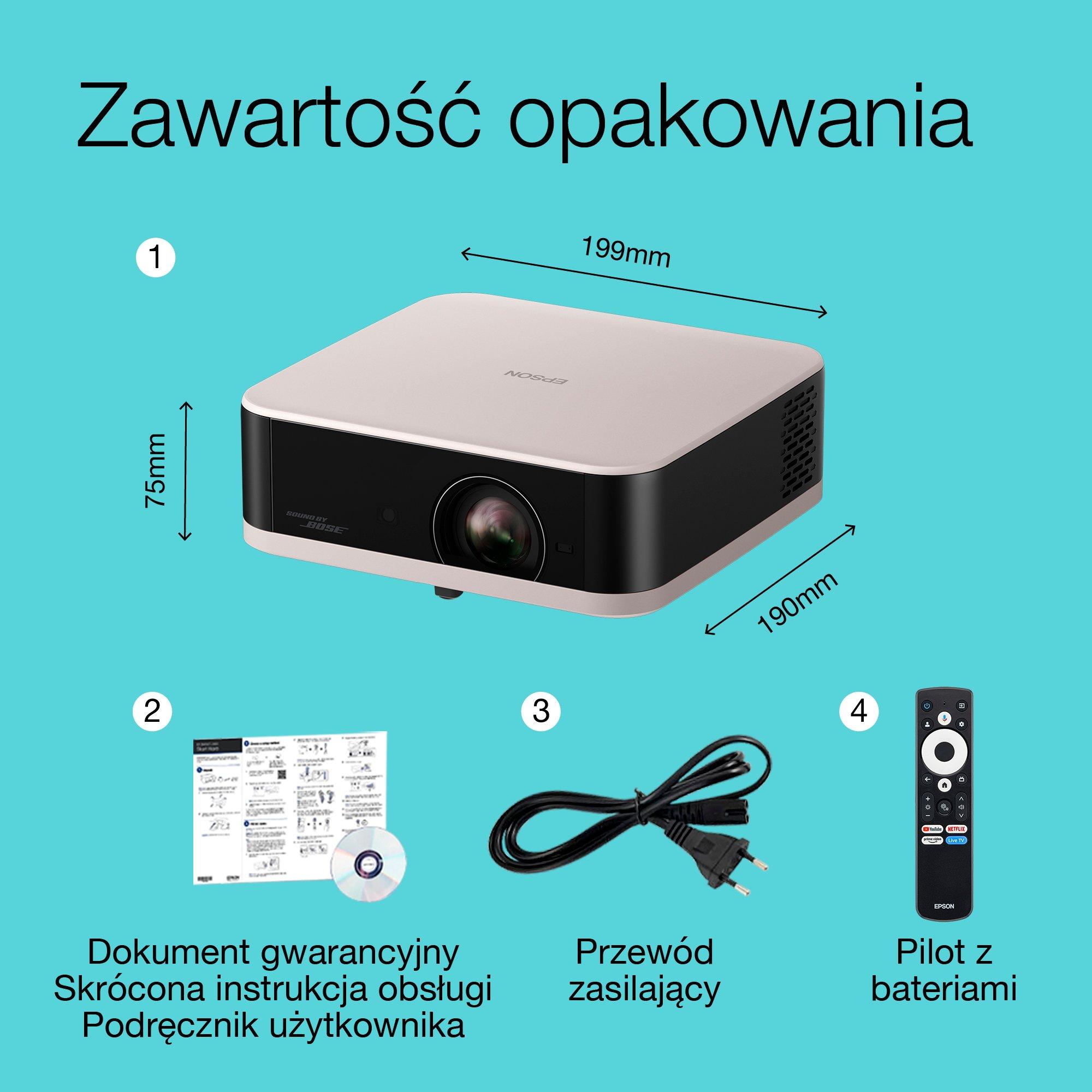 Lifestudio Pop Epson EF-61R różowy kwarc, przenośny projektor Smart, Sound by Bose, Google TV, Full HD, do użytku wewnątrz / na zewnątrz, 5-letnia gwarancja* whats in the box