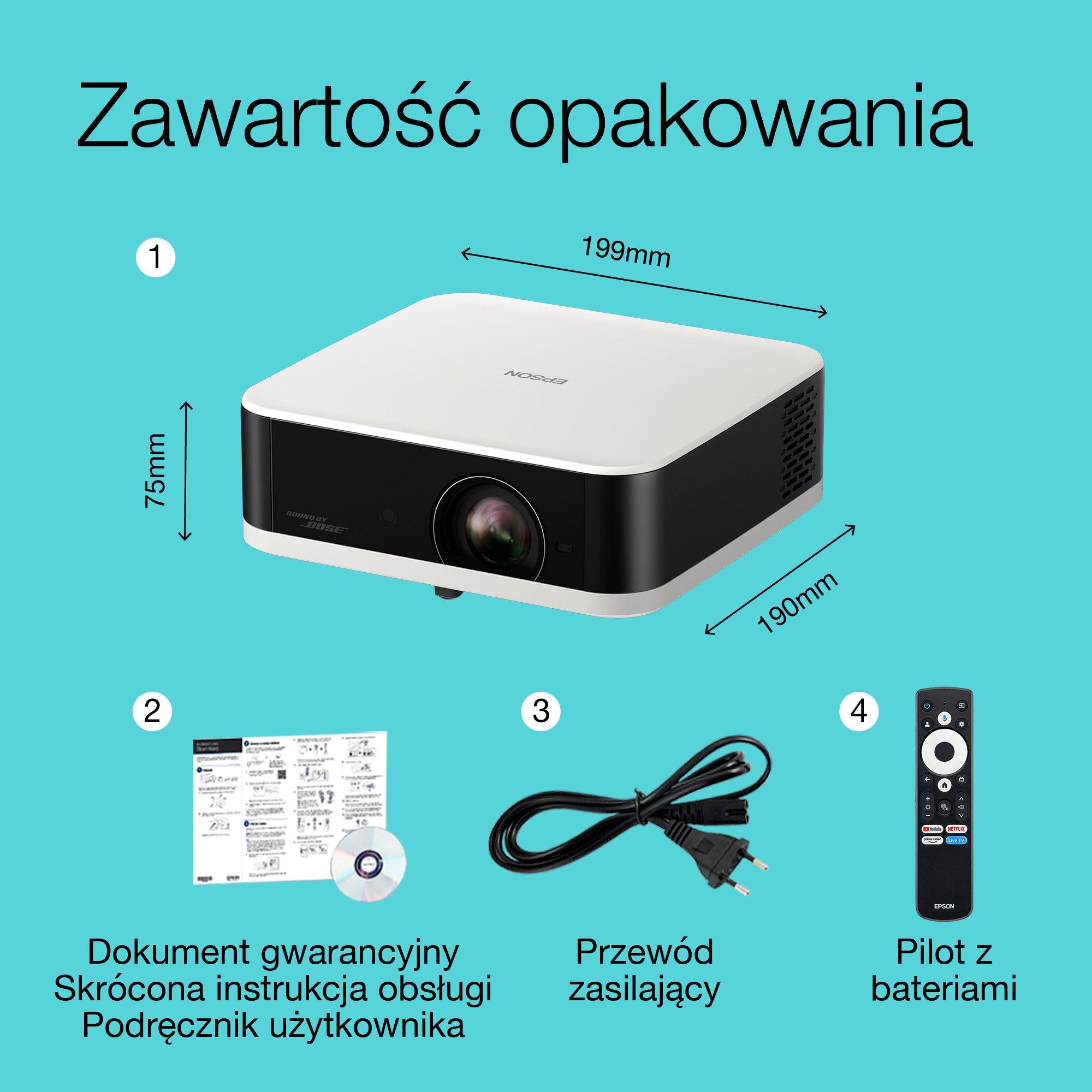 Lifestudio Pop Epson Diamentowa bielEF-61W, przenośny projektor Smart, Sound by Bose, Google TV, Full HD, do użytku wewnątrz / na zewnątrz, 5-letnia gwarancja* whats in the box