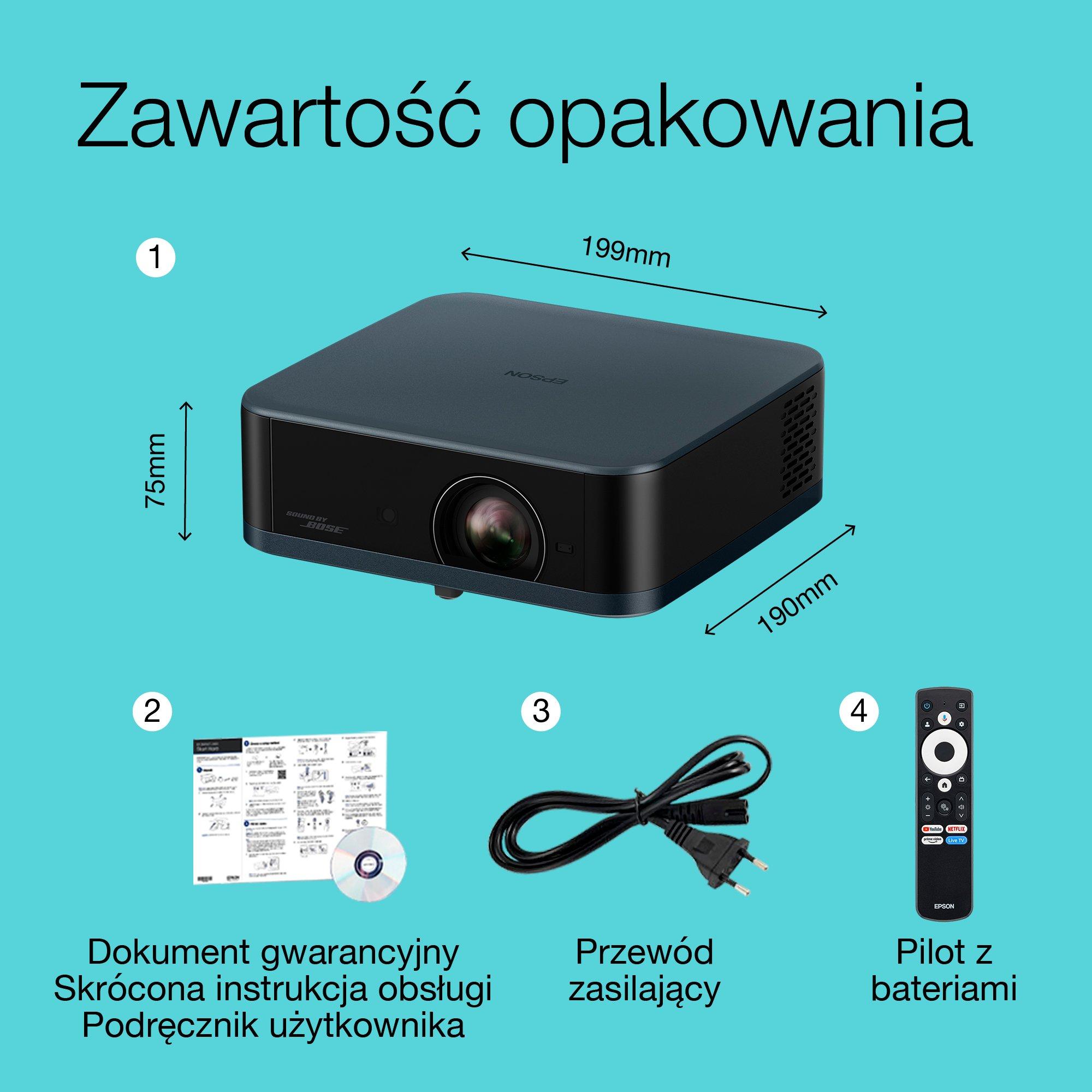 Lifestudio Pop Plus Epson EF-62N, przenośny projektor Smart, Sound by Bose, Google TV, 4K Pro UHD, do użytku wewnątrz / na zewnątrz, 5-letnia gwarancja* whats in the box