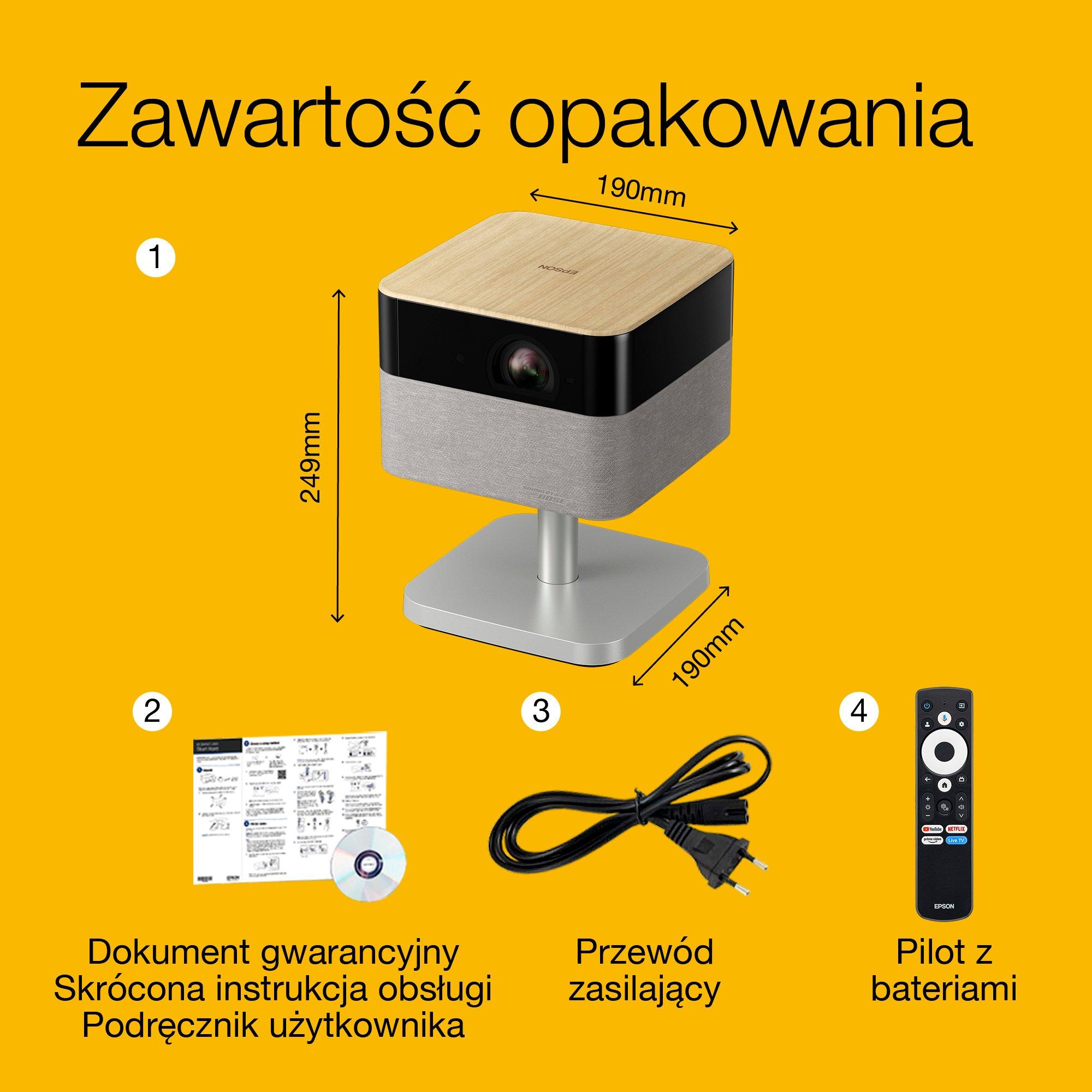 Lifestudio Flex Plus Epson Dąb EF-72, przenośny projektor Smart, Sound by Bose, Google TV, 4K Pro UHD, Funkcja bocznej lampki LED, regulowany stojak, do użytku wewnątrz / na zewnątrz, 5-letnia gwarancja* whats in the box