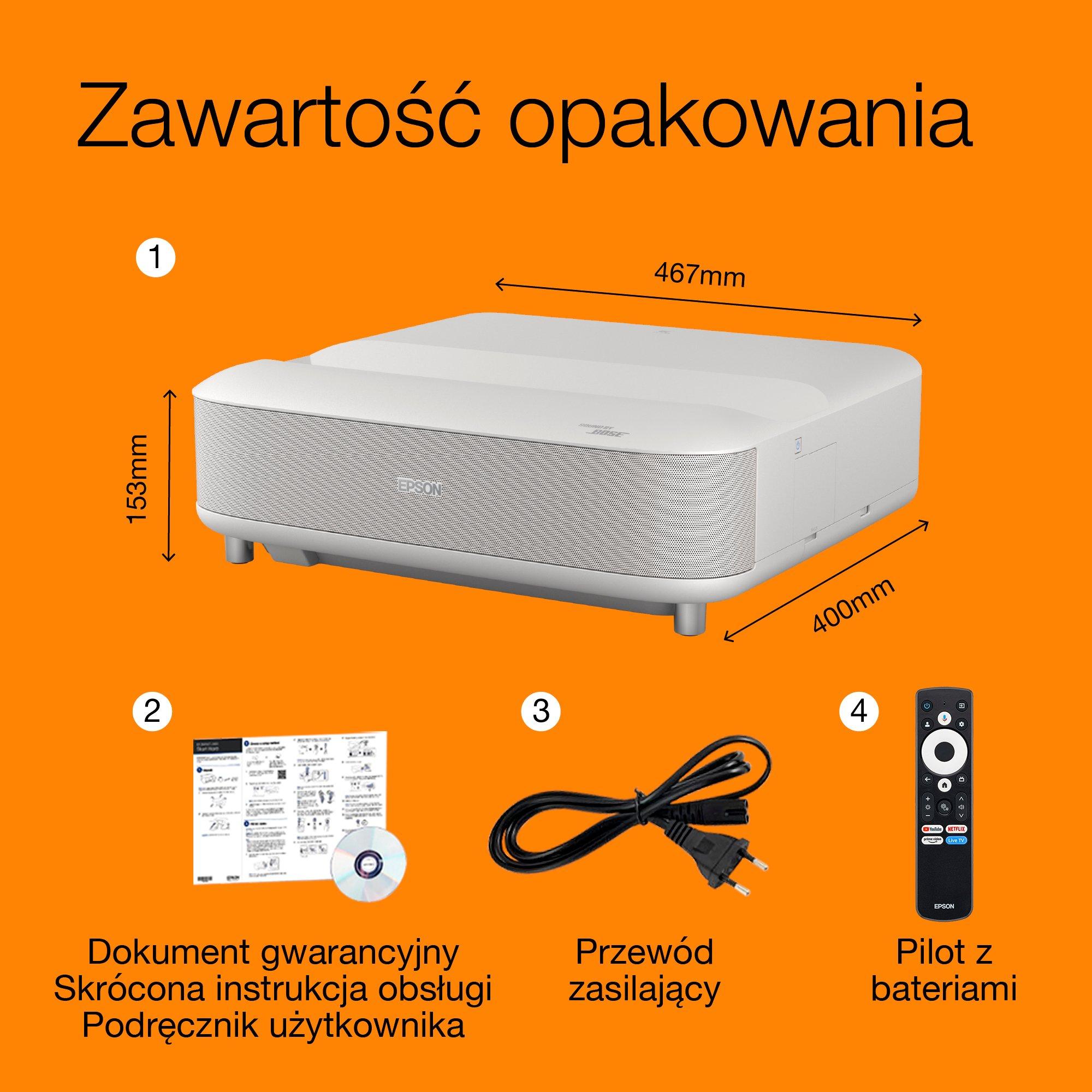 Lifestudio Grand Epson diamentowo biały EH-LS670W, projektor laserowy Smart o ultrakrótkim rzucie, 4K PRO UHD, Sound by Bose, Google TV, obraz do 120 cali, 5-letnia gwarancja* whats in the box