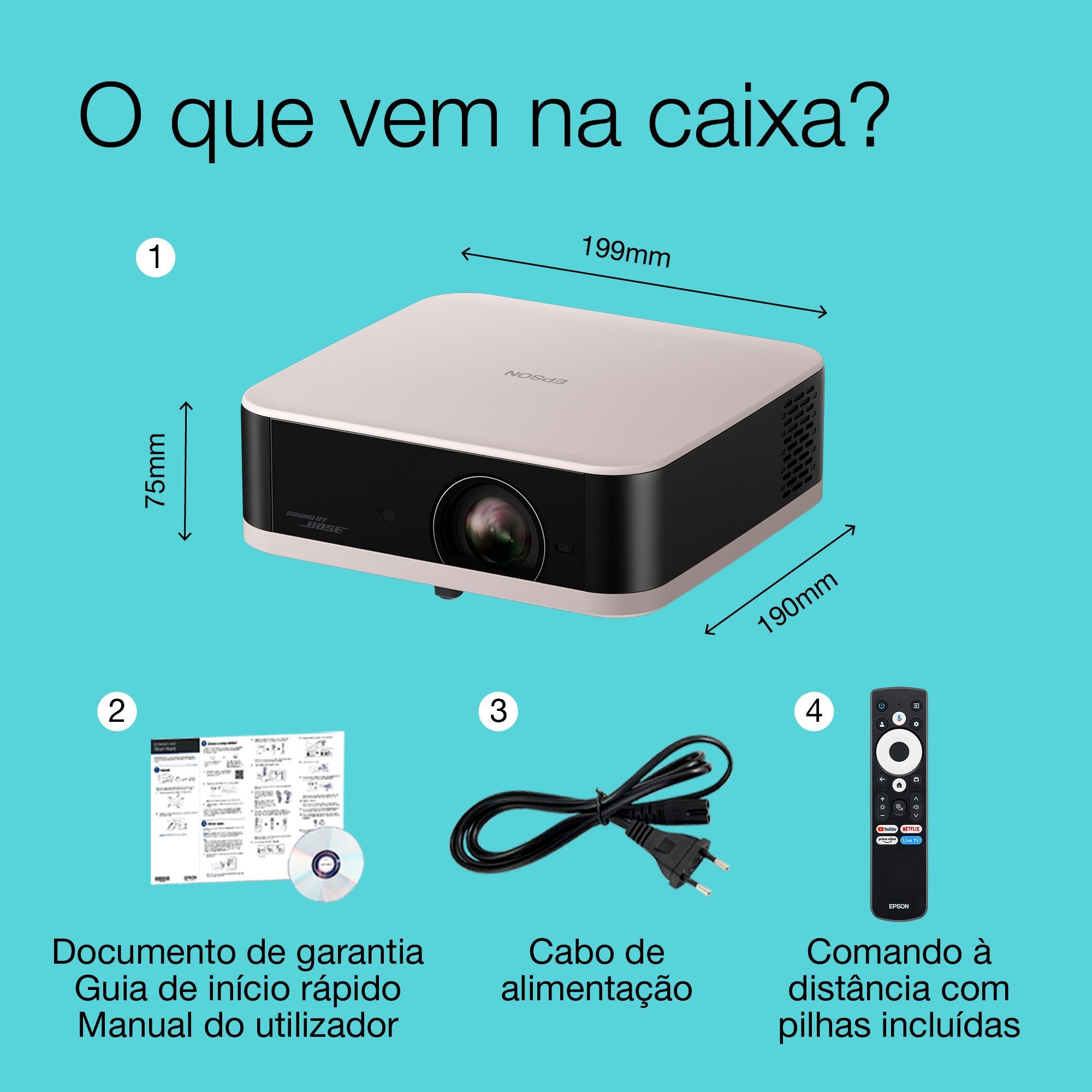 Epson Lifestudio Pop EF-61R Quartzo rosa, projetor smart portátil, Sound by Bose, Google TV, Full HD, utilização interior/exterior, 5 anos de garantia* whats in the box