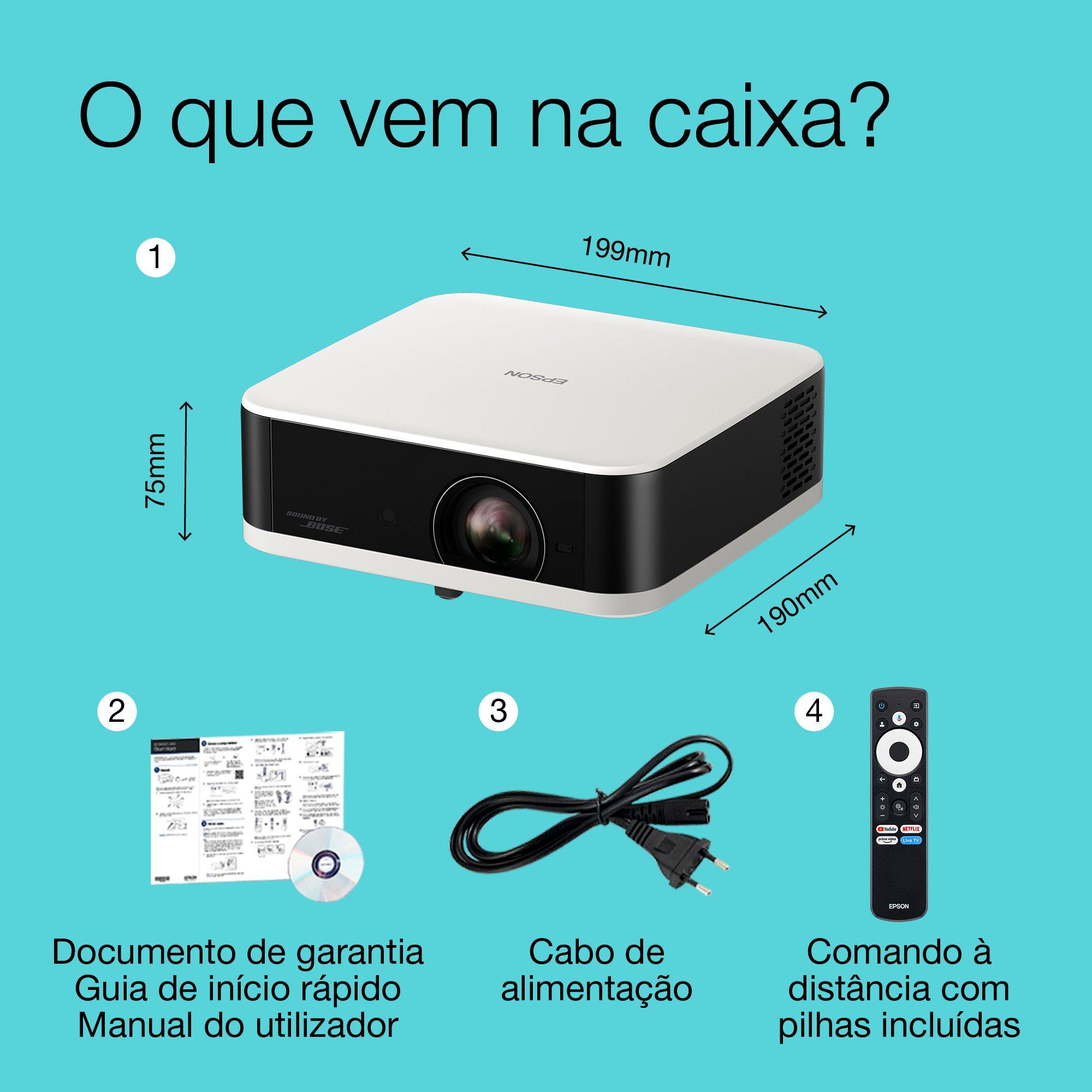 Epson Lifestudio Pop EF-61W Branco diamante, projetor smart portátil, Sound by Bose, Google TV, Full HD, utilização interior/exterior, 5 anos de garantia* whats in the box