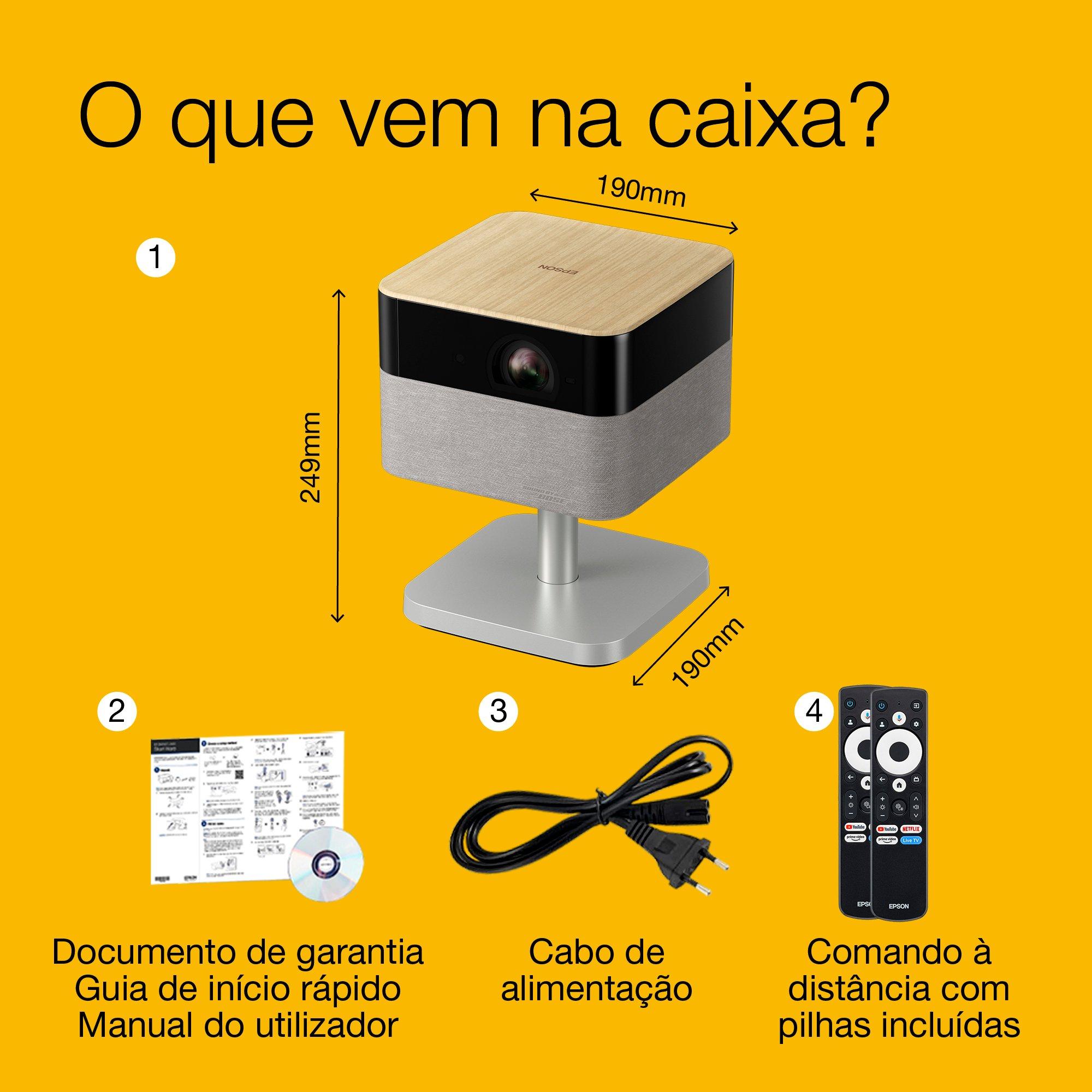 Epson Lifestudio Flex EF-72 Carvalho, projetor smart portátil, Sound by Bose, Google TV, 4K Pro UHD, Funcionalidade de luz lateral LED. csuporte ajustável, utilização no interior/exterior, 5 anos de garantia* whats in the box