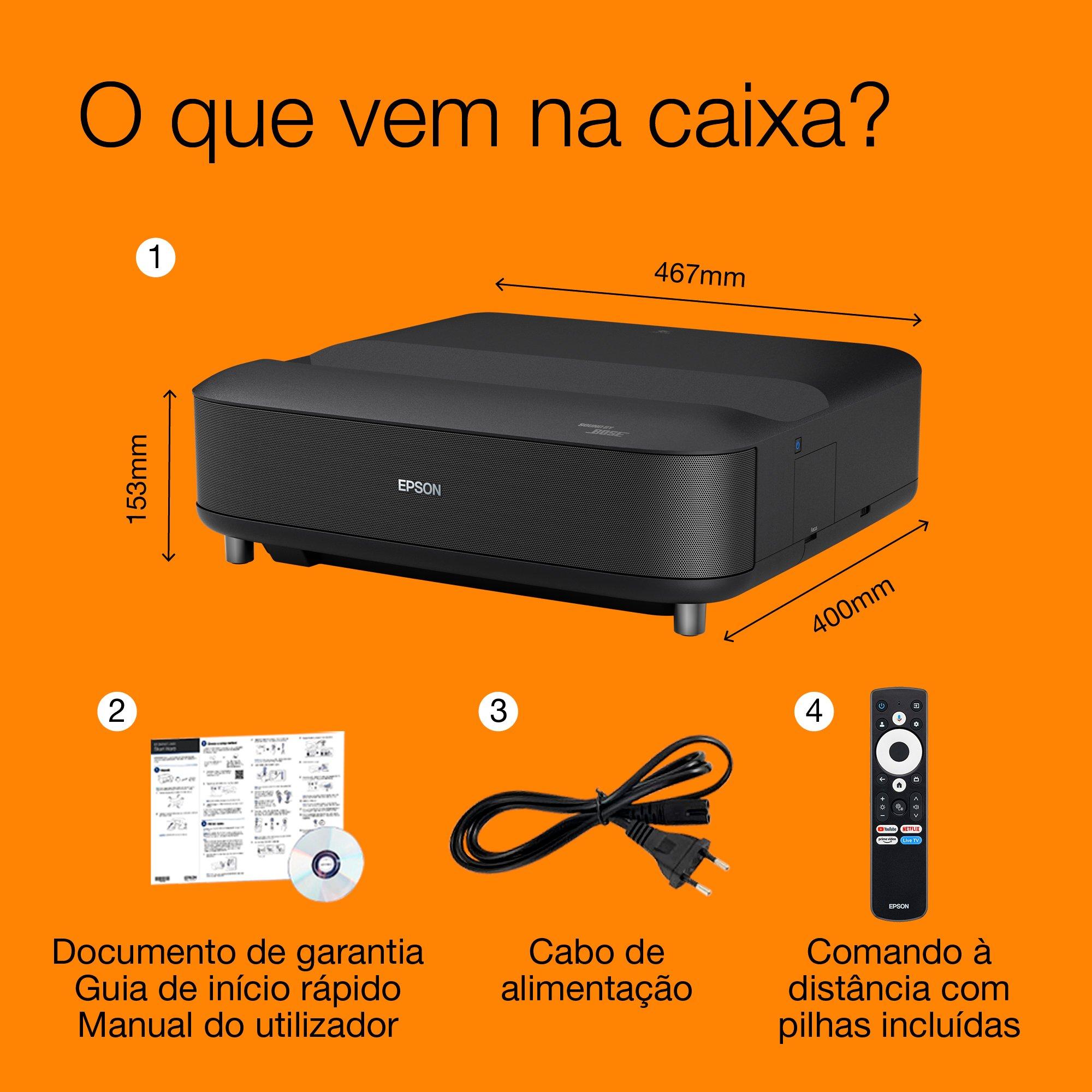 Epson Lifestudio Grand EH-LS670B Preto metalizado, projetor laser inteligente de ultracurta distância, 4K PRO-UHD, Sound by Bose, Google TV, ecrã até 120 whats in the box