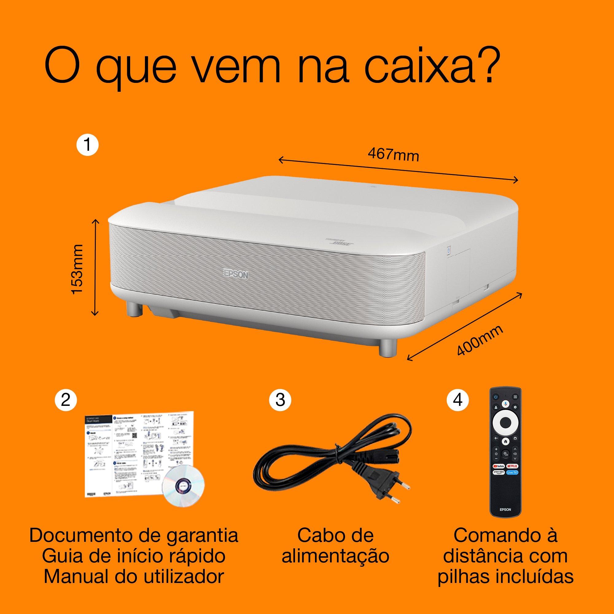 Epson Lifestudio Grand EH-LS670W Branco diamante, projetor laser inteligente de ultracurta distância, 4K PRO-UHD, Sound by Bose, Google TV, ecrã até 120 whats in the box