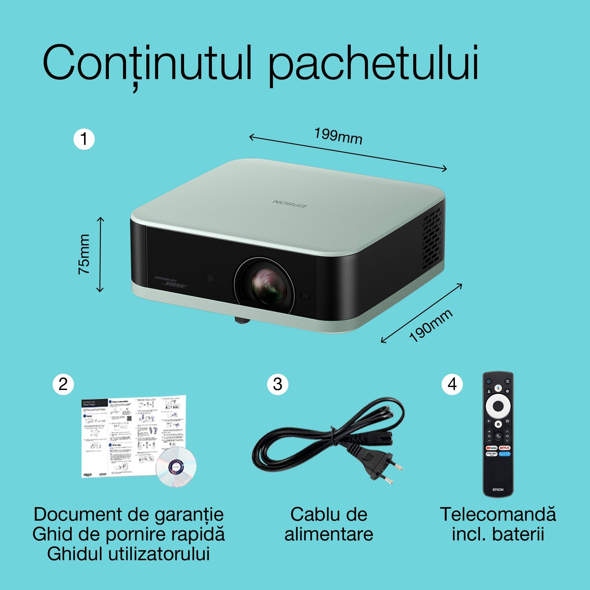 Epson Lifestudio Pop EF-61G, proiector Smart TV Full HD 1080p, portabil, 700 de lumeni, Sound by Bose, Google TV, afișaj de 150'' whats in the box