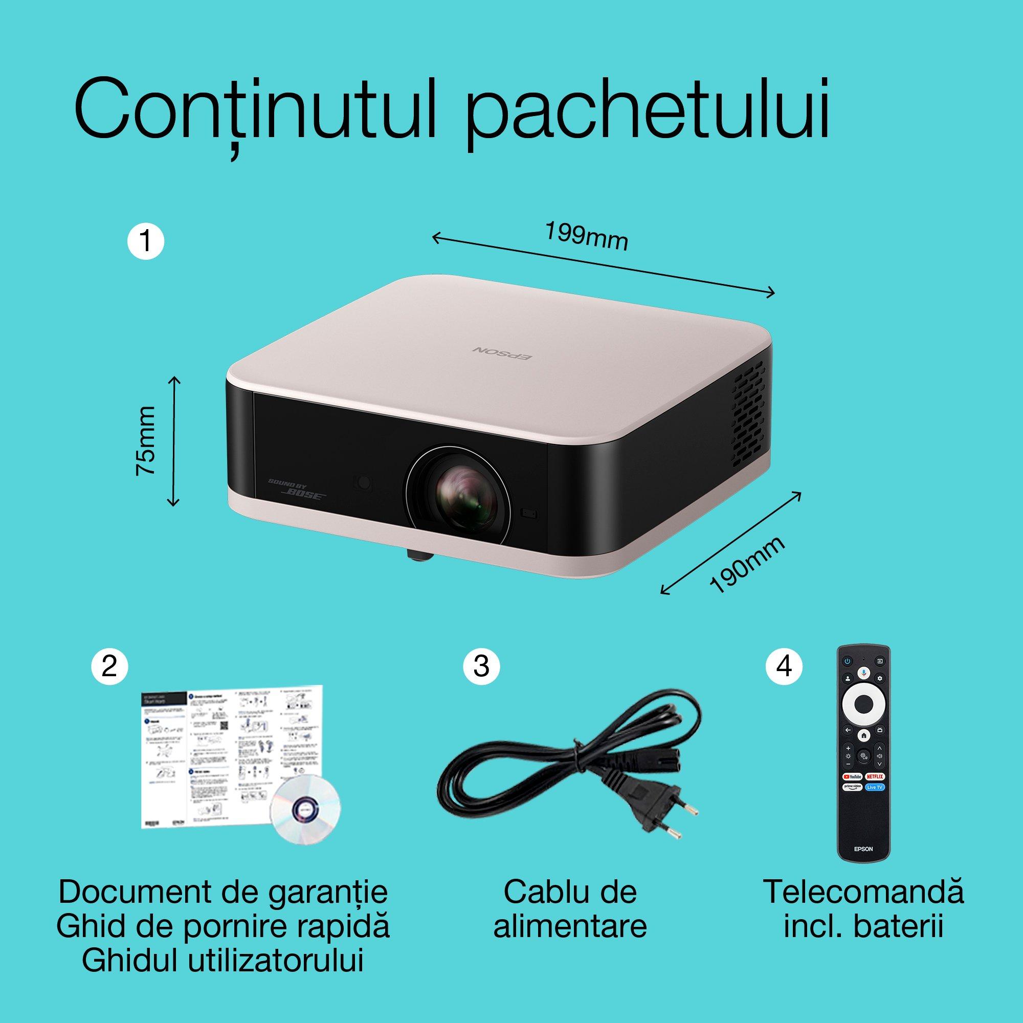Epson Lifestudio Pop EF-61R, proiector Smart TV Full HD 1080p, portabil, 700 de lumeni, Sound by Bose, Google TV, afișaj de 150'' whats in the box