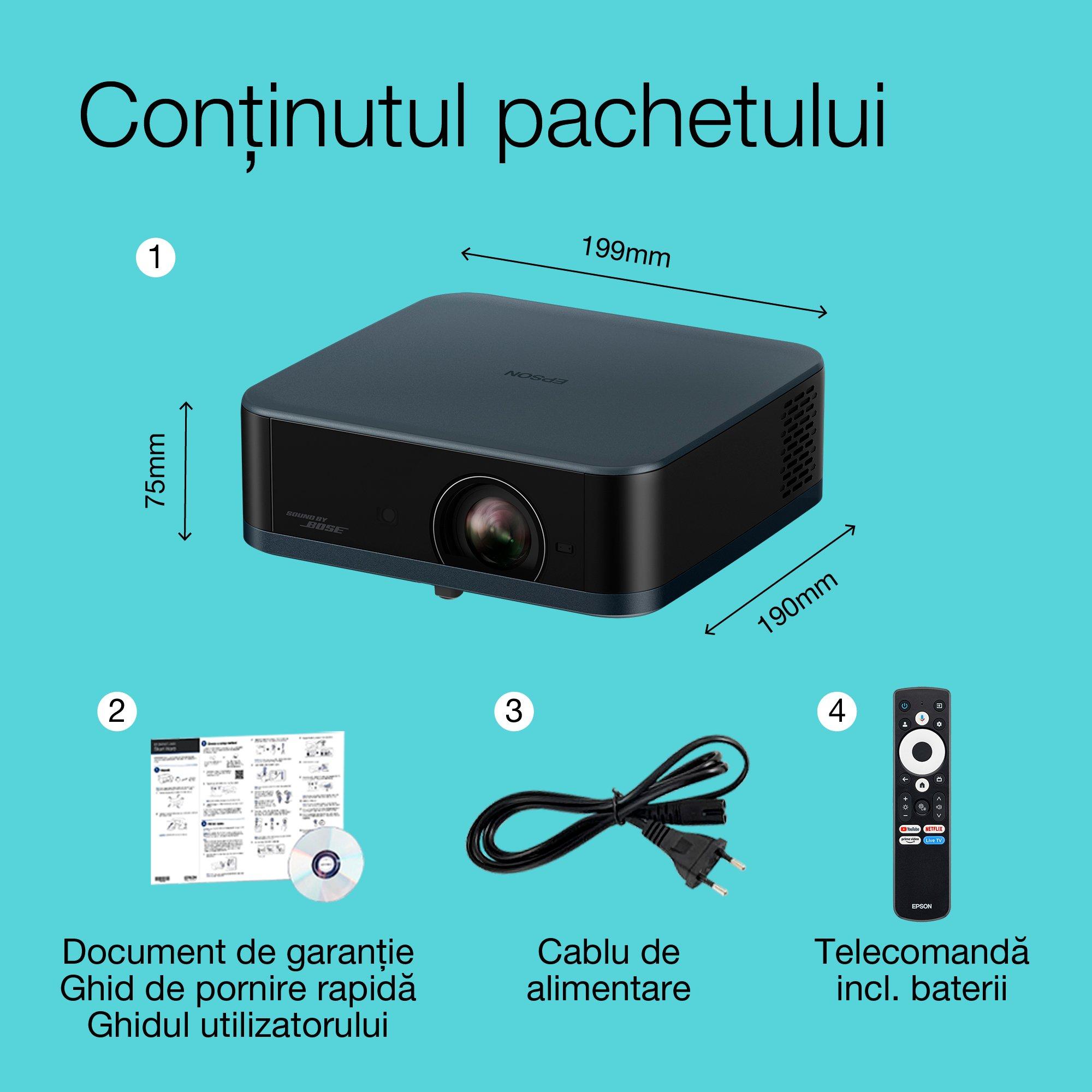 Epson Lifestudio Pop Plus EF-62N, proiector Smart TV 4K PRO-UHD, portabil, 700 de lumeni, Sound by Bose, Google TV, afișaj de 150" whats in the box