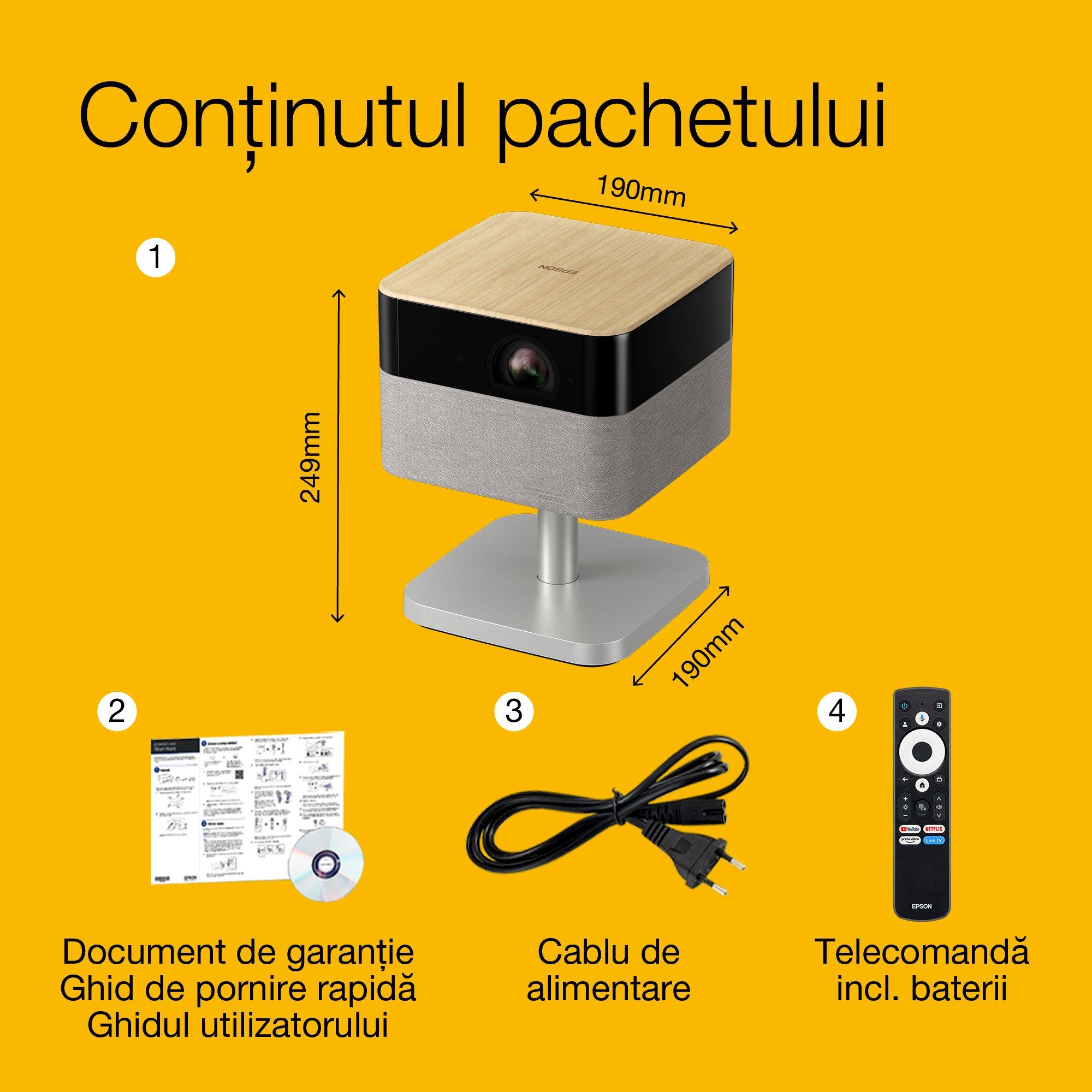 Epson Lifestudio Flex EF-72 Stejar,  proiector inteligent portabil, Sound by Bose, Google TV, 4K Pro UHD, Funcție de lampă laterală cu LED, suport reglabil, utilizare în interior/exterior, garanție de 5 ani* whats in the box