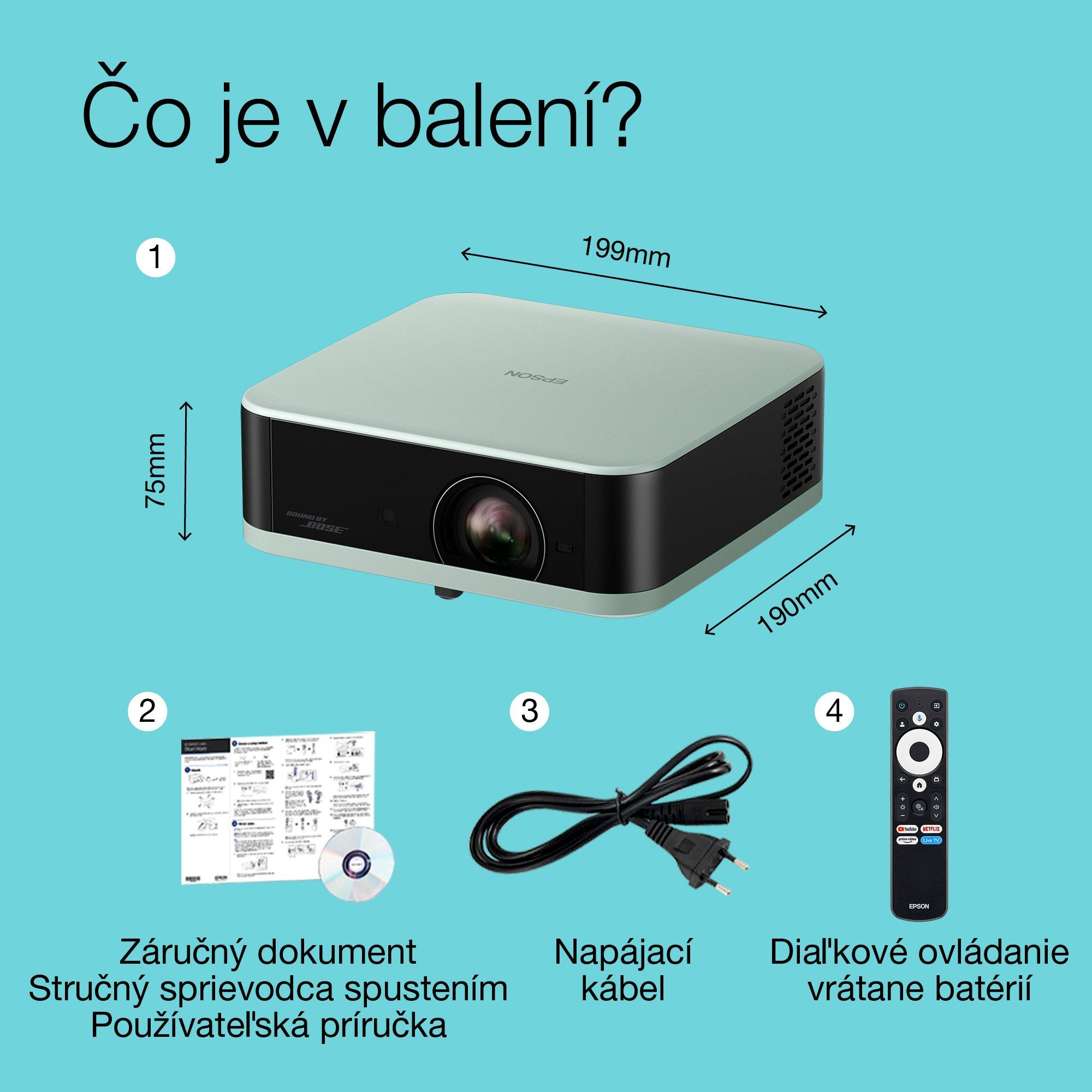 Epson Lifestudio Pop EF-61G, Smart TV projektor s rozlíšením Full HD 1080p, prenosný, 700 lúmenov, Sound by Bose, Google TV, projekčná plocha s uhlopriečkou 150'' whats in the box
