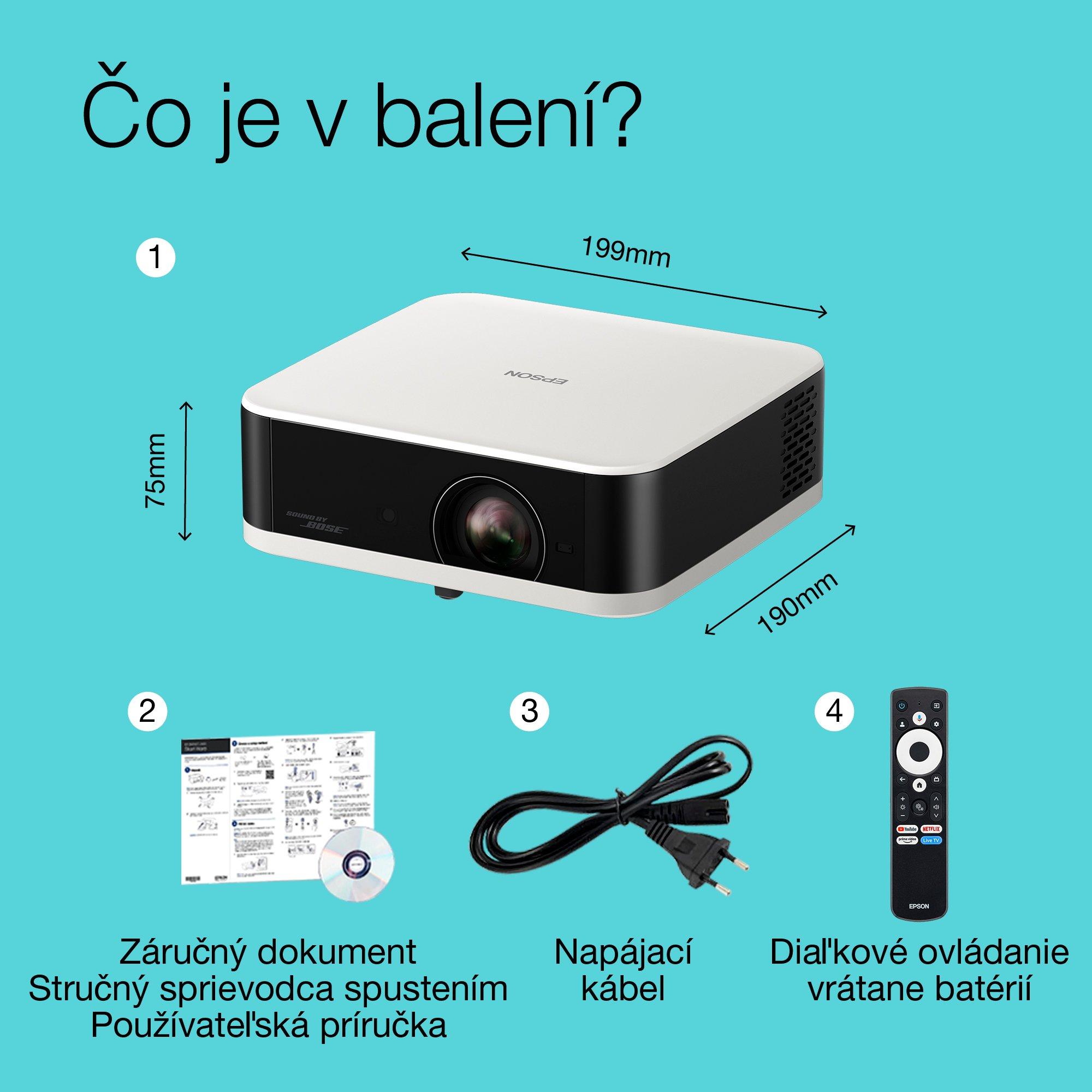 Epson Lifestudio Pop EF-61W diamantová biela, prenosný smart projektor, Sound by Bose, Google TV, Full HD, vnútorné/vonkajšie použitie, 5-ročná záruka* whats in the box