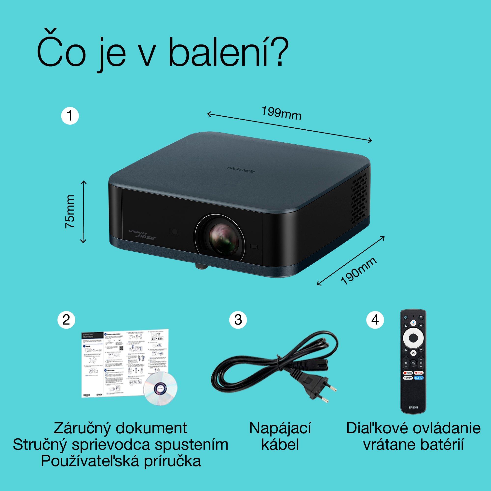 Epson Lifestudio Pop Plus EF-62N, Smart TV projektor s rozlíšením 4K PRO-UHD, prenosný, 700 lúmenov, Sound by Bose, Google TV, projekčná plocha s uhlopriečkou 150'' whats in the box