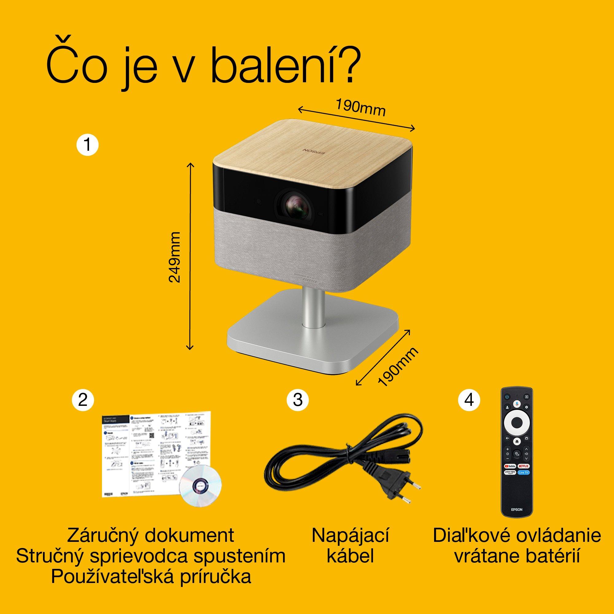 Epson Lifestudio Flex EF-72 Dub, prenosný smart projektor, Sound by Bose, Google TV, 4K Pro UHD, Funkcia bočného LED osvetlenia,  nastaviteľný stojan, vnútorné/vonkajšie použitie, 5-ročná záruka* whats in the box