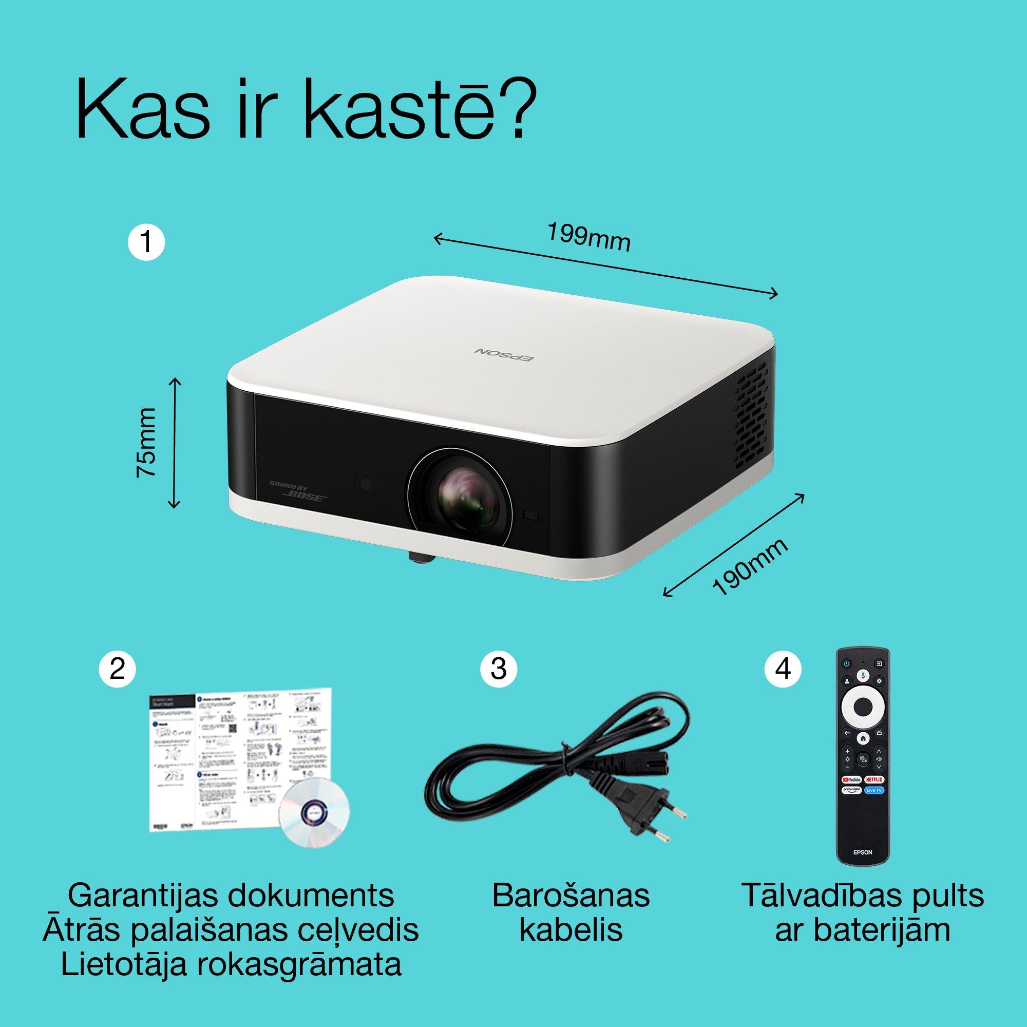 Diamantno bel Epson Lifestudio Pop EF-61W, prenosni projektor Smart, Sound by Bose, Google TV, Full HD, uporaba v zaprtih prostorih/na prostem, 5-letna garancija* whats in the box