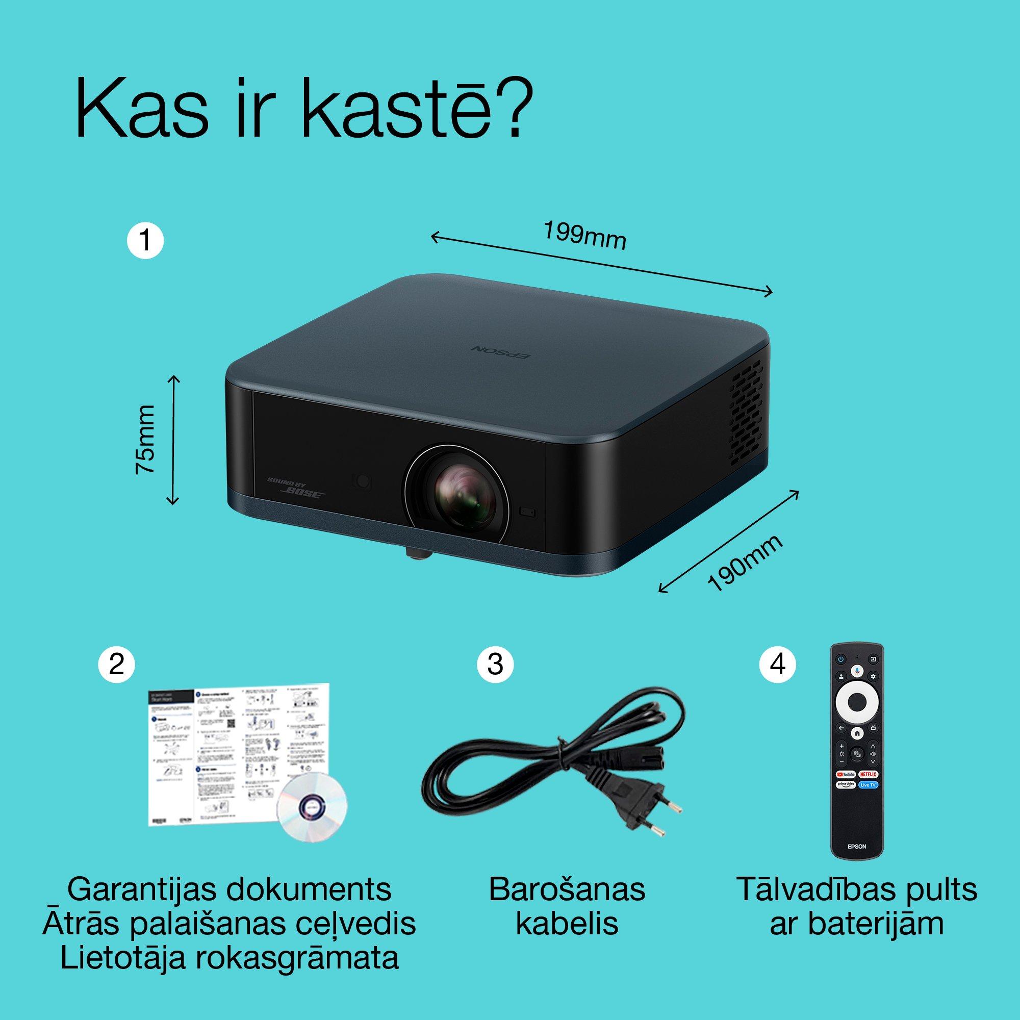 Epson Lifestudio Pop Plus EF-62N, projektor 4K PRO-UHD s pametno TV, prenosni, 700 lumnov, zvok Bose, Google TV, 150-palčni prikaz whats in the box