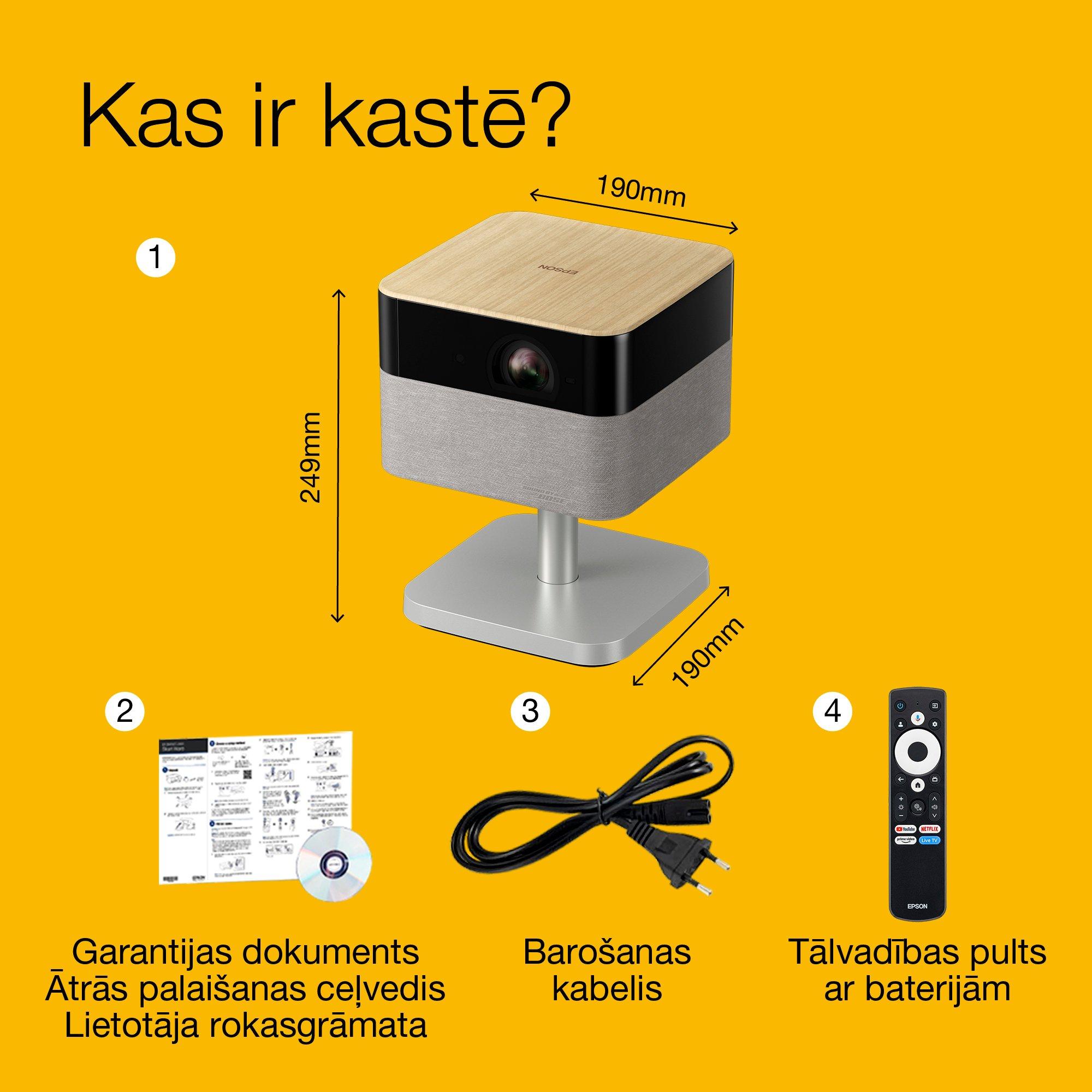 Oak Epson Lifestudio Flex EF-72, prenosni projektor Smart, Sound by Bose, Google TV, 4k Pro-UHD, nastavljivo stojalo, uporaba v zaprtih prostorih/na prostem, 5-letna garancija* whats in the box