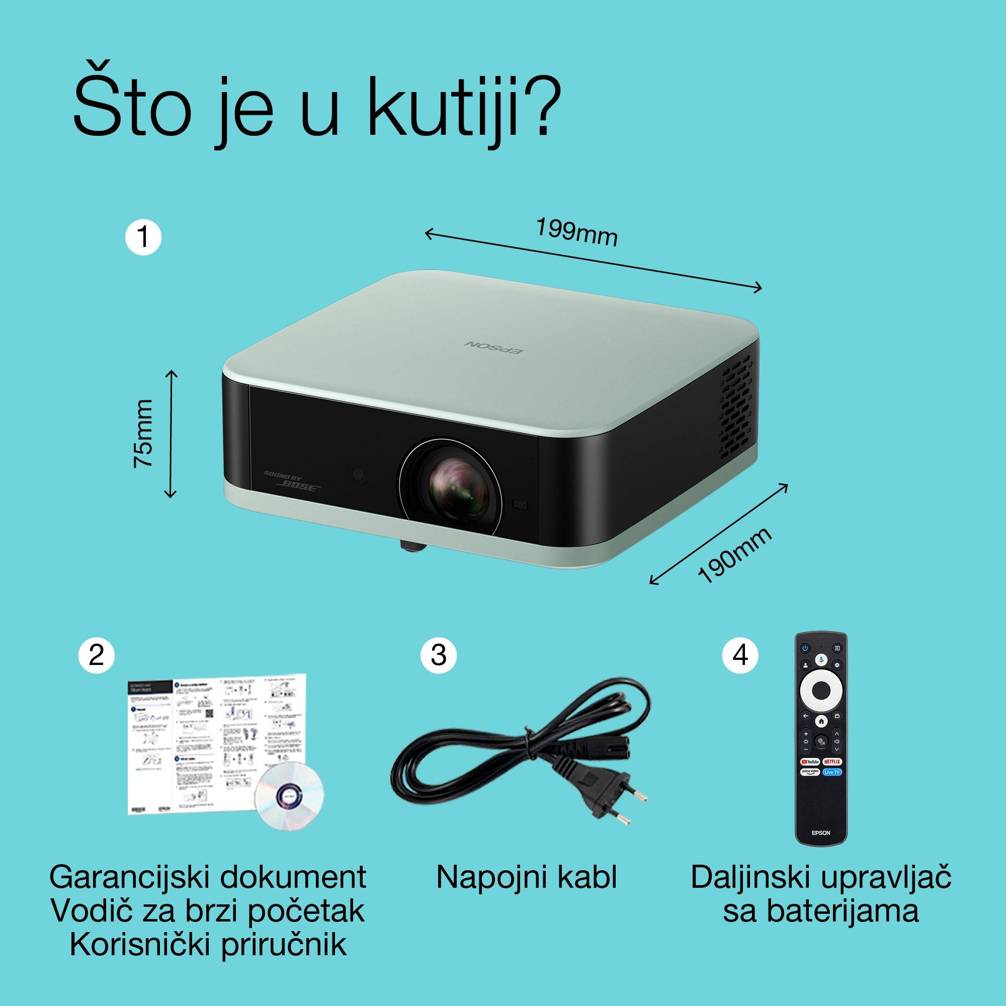 Epson Lifestudio Pop EF-61G, rezolucija Full HD 1080p Smart TV projektor, prenosivi, 700 lumena, Sound by Bose, Google TV, veličina projekcije do 150 inča whats in the box