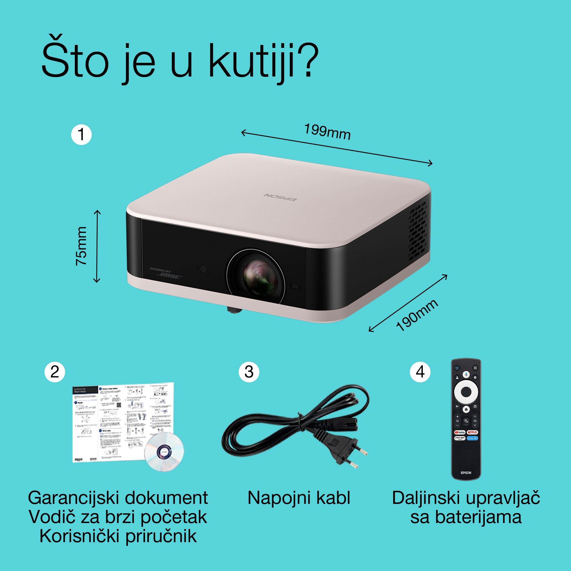 Epson Lifestudio Pop EF-61R, rezolucija Full HD 1080p Smart TV projektor, prenosivi, 700 lumena, Sound by Bose, Google TV, veličina projekcije 150 inča whats in the box