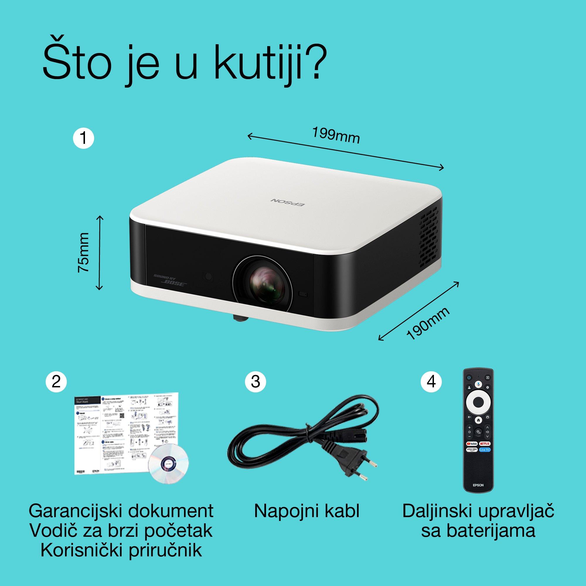 Epson Lifestudio Pop EF-61W dijamant beli, Smart prenosivi projektor, Sound by Bose, Google TV, Full HD, upotreba u zatvorenom i otvorenom prostoru, 5 godina garancije* whats in the box