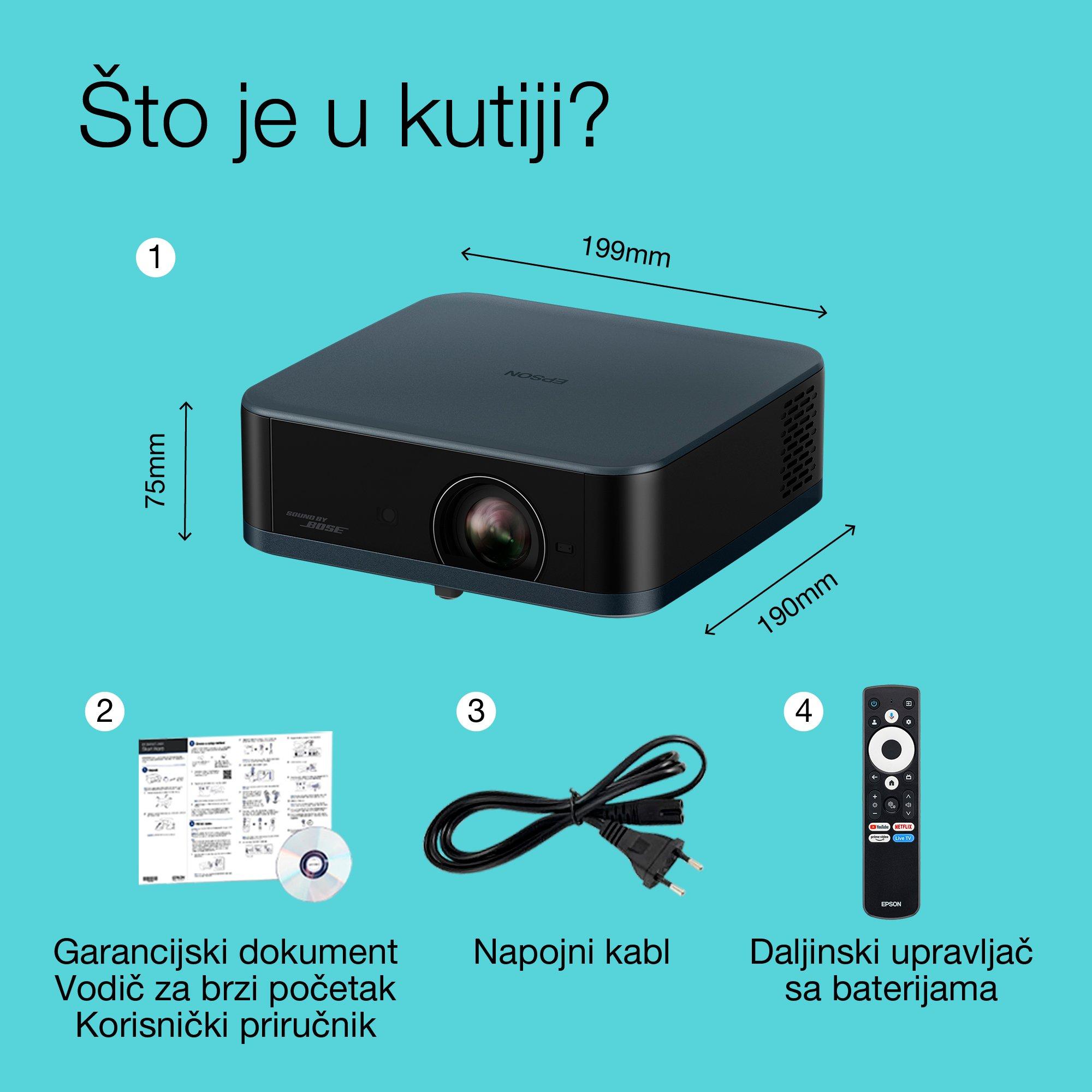 Epson Lifestudio Pop Plus EF-62N, rezolucija 4K PRO-UHD Smart TV projektor, prenosivi, 700 lumena, Sound by Bose, Google TV, veličina projekcije 150 inča whats in the box