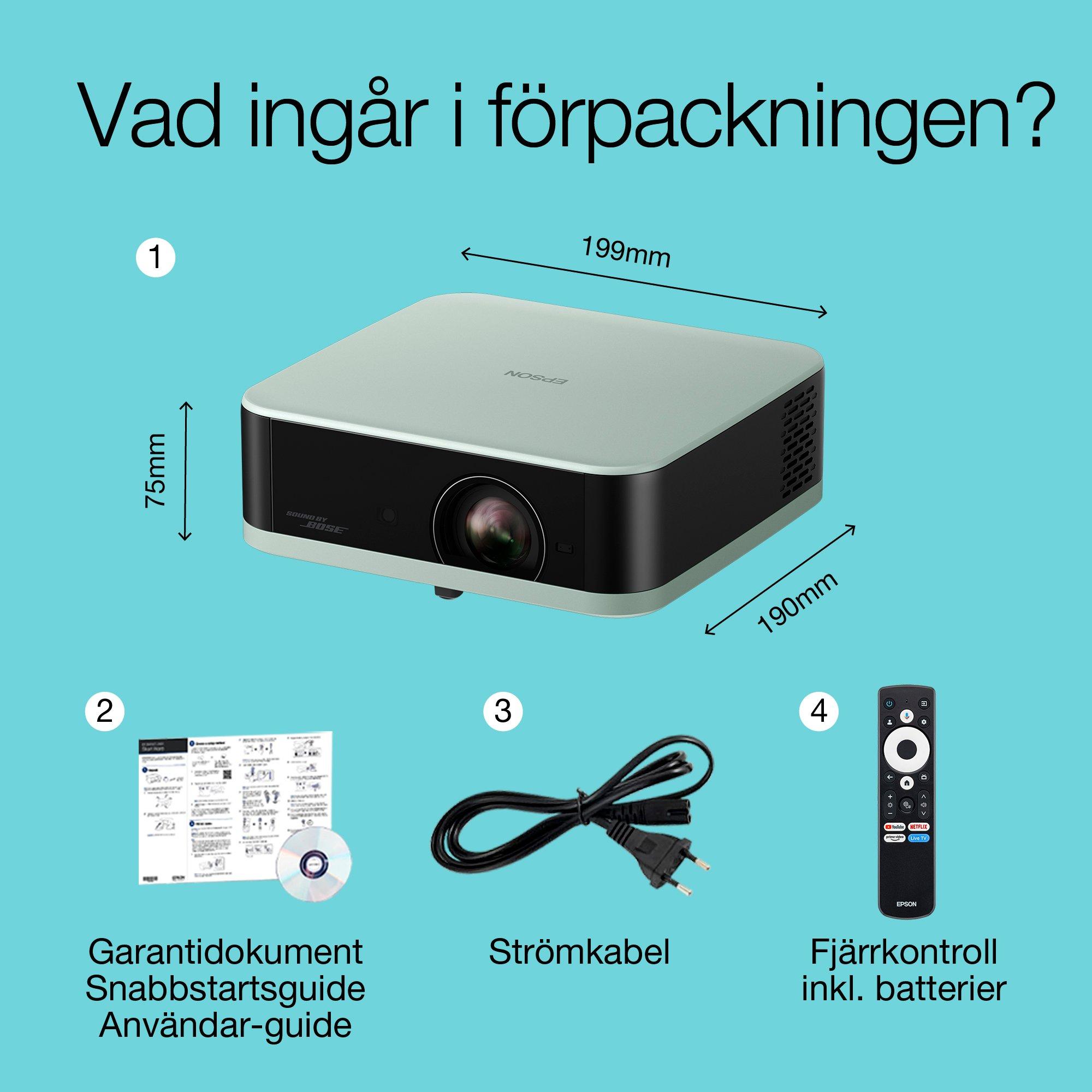 Epson Lifestudio Pop EF-61G, Smart TV-projektor med Full HD 1080p, bärbar, 700 lumen, Sound by Bose, Google TV, 150-tums projektionsyta whats in the box