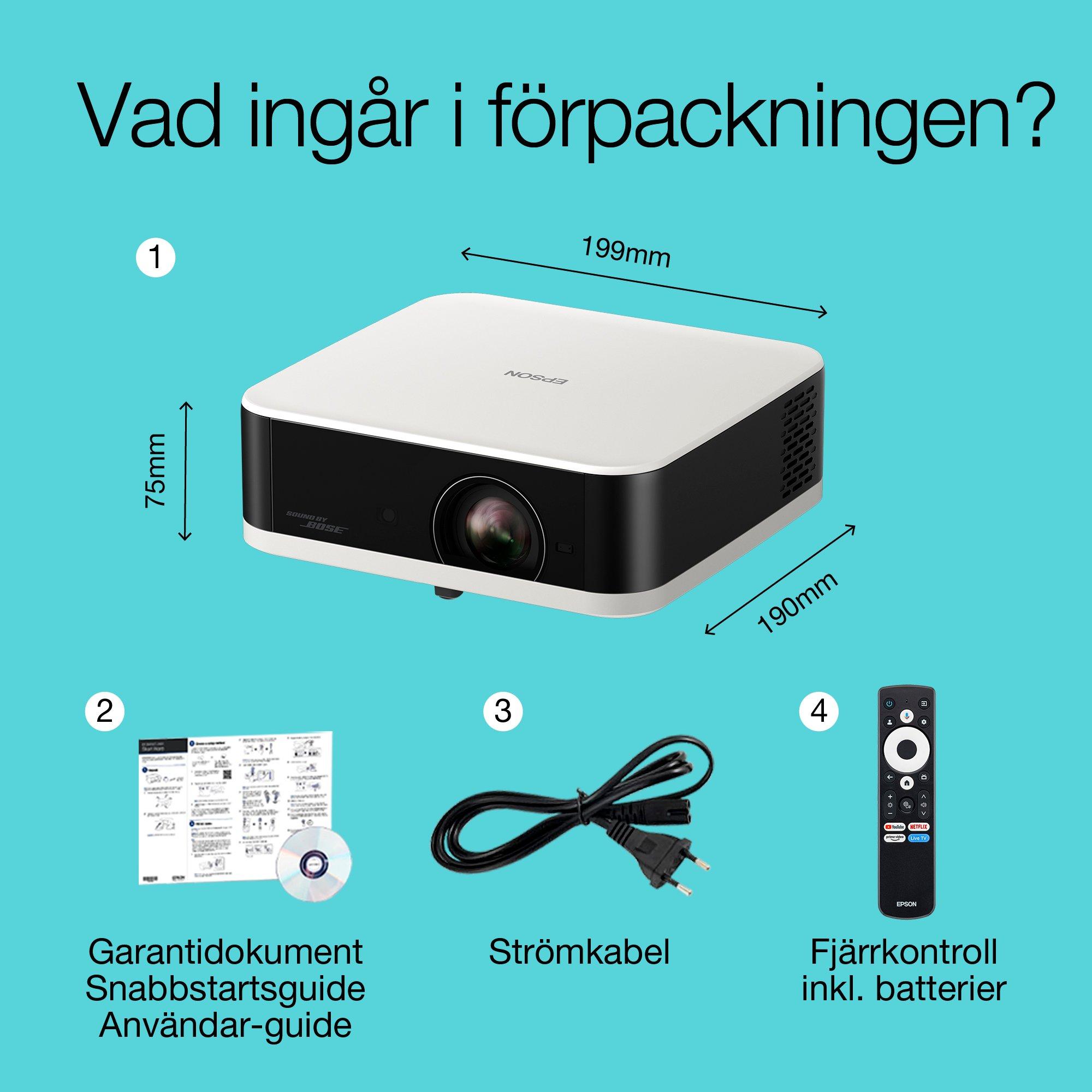 Epson Lifestudio Pop EF-61W diamantvit, bärbar smart projektor, Sound by Bose, Google TV, Full HD, användning inomhus/utomhus, fem års garanti* whats in the box