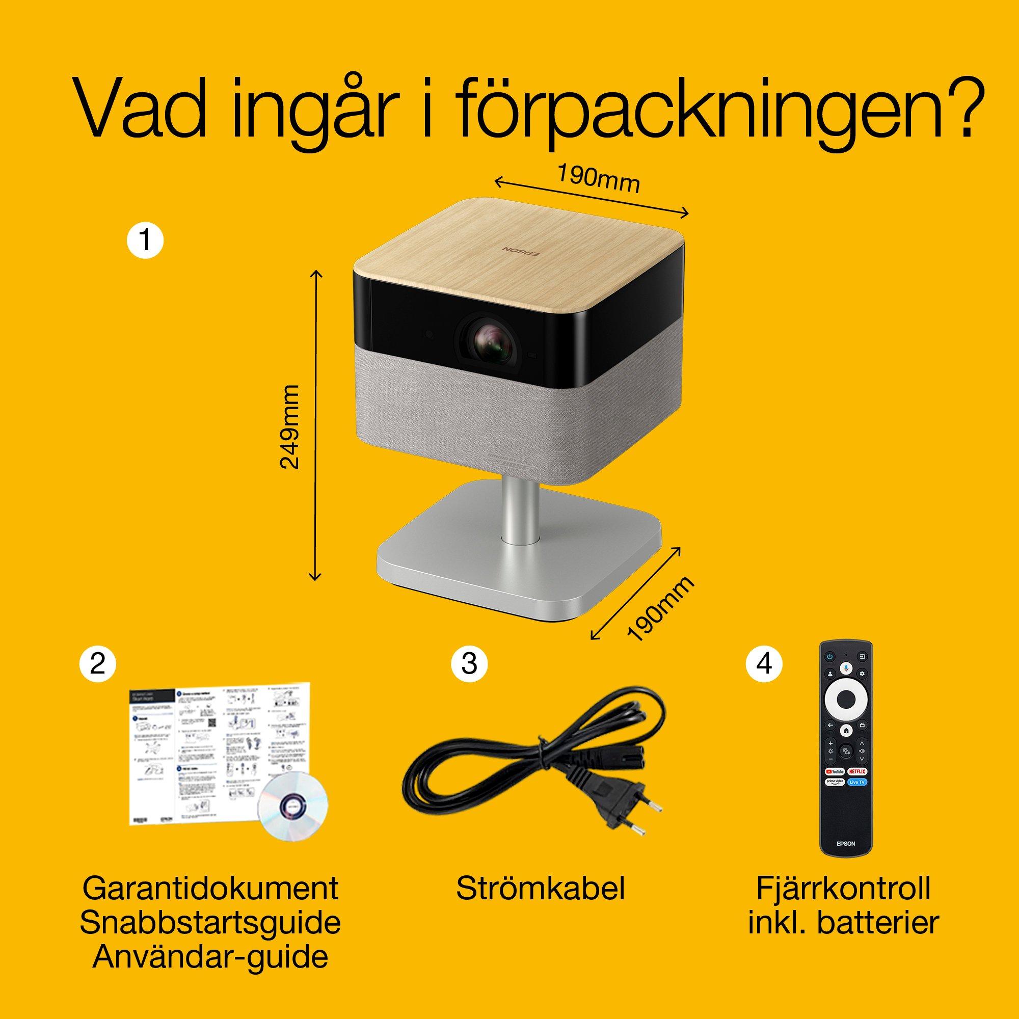 Epson Lifestudio Flex Plus EF-72 Ek, bärbar smart projektor, Sound by Bose, Google TV, 4K Pro UHD, LED-sidobelysningsfunktion, justerbart stativ, användning inomhus/utomhus, fem års garanti* whats in the box