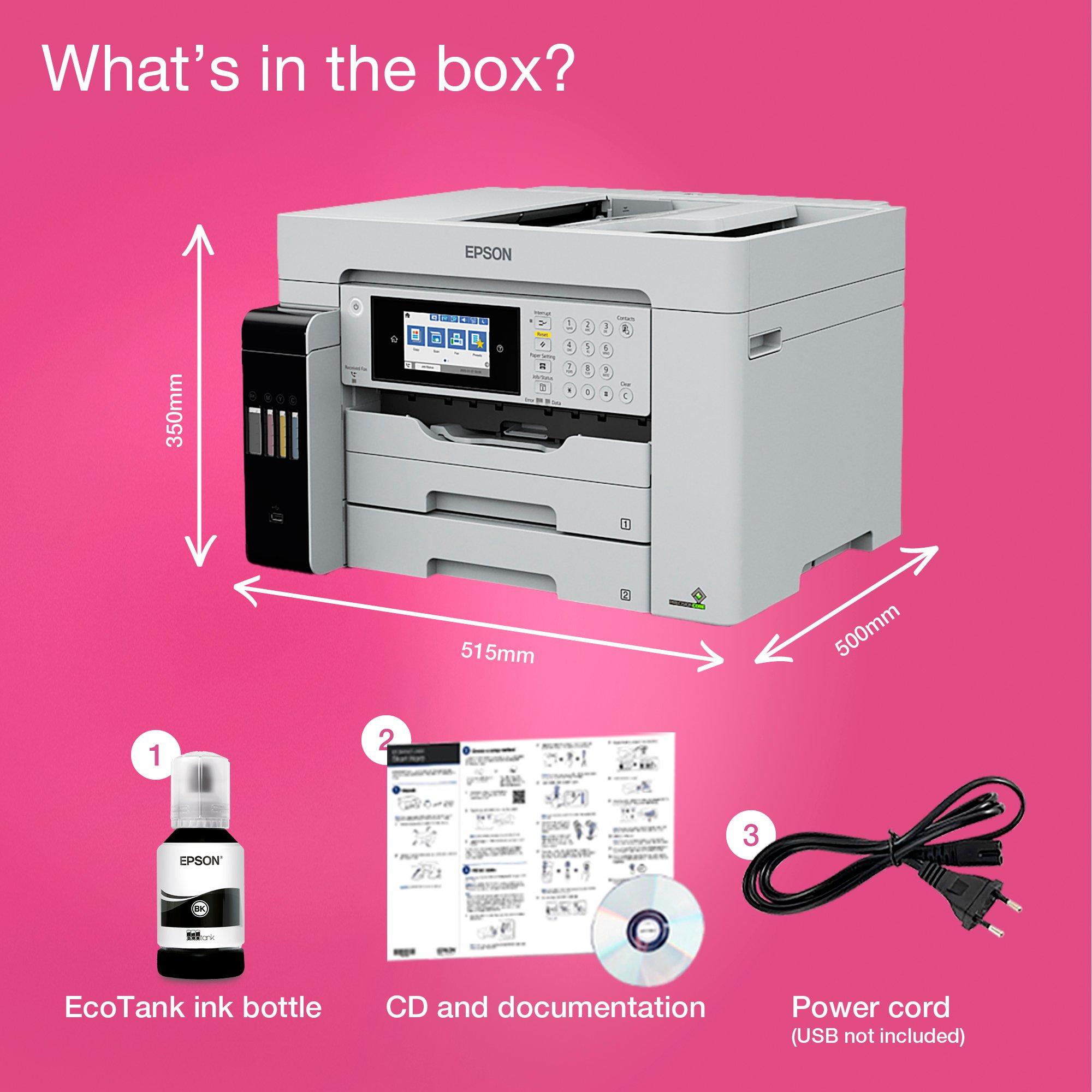 EcoTank Pro ET-M16685 A3+ Multifunction Wi-Fi Ink Tank Printer with PCL support whats in the box