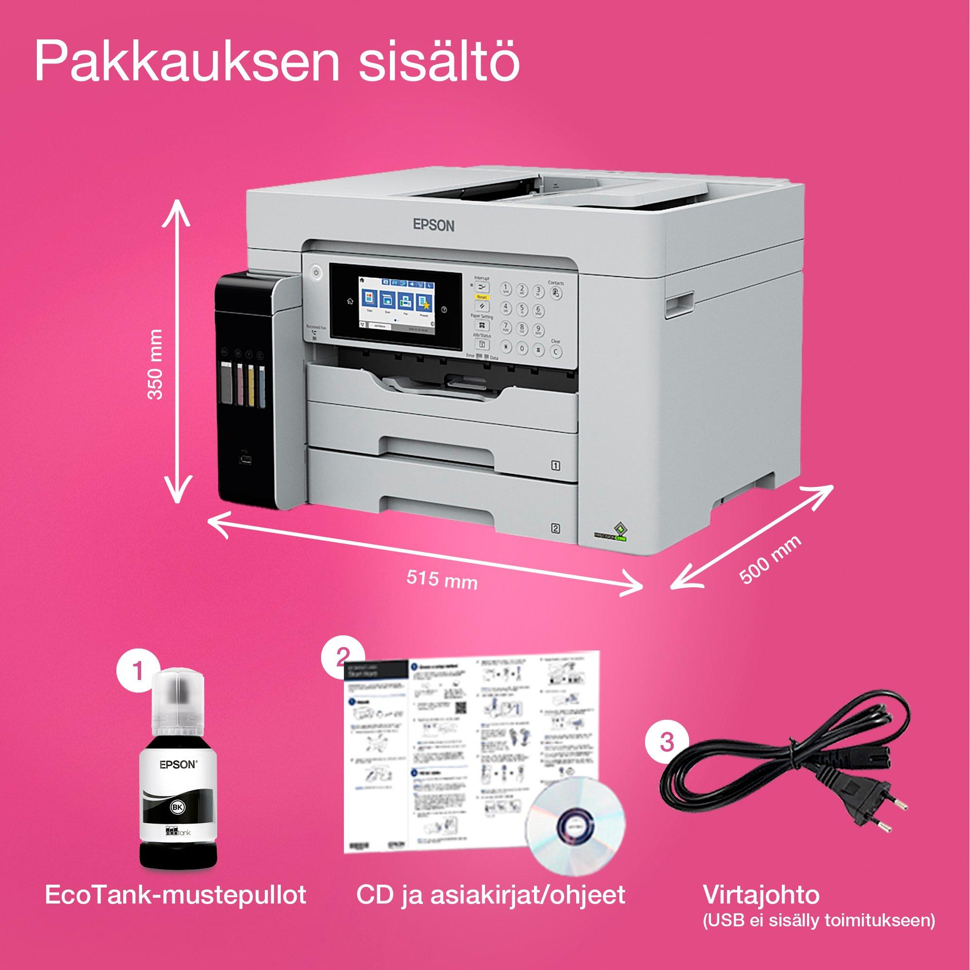 EcoTank Pro ET-M16685 -A3+-monitoimitulostin – Wi-Fi, mustesäiliöt ja PCL-tuki whats in the box
