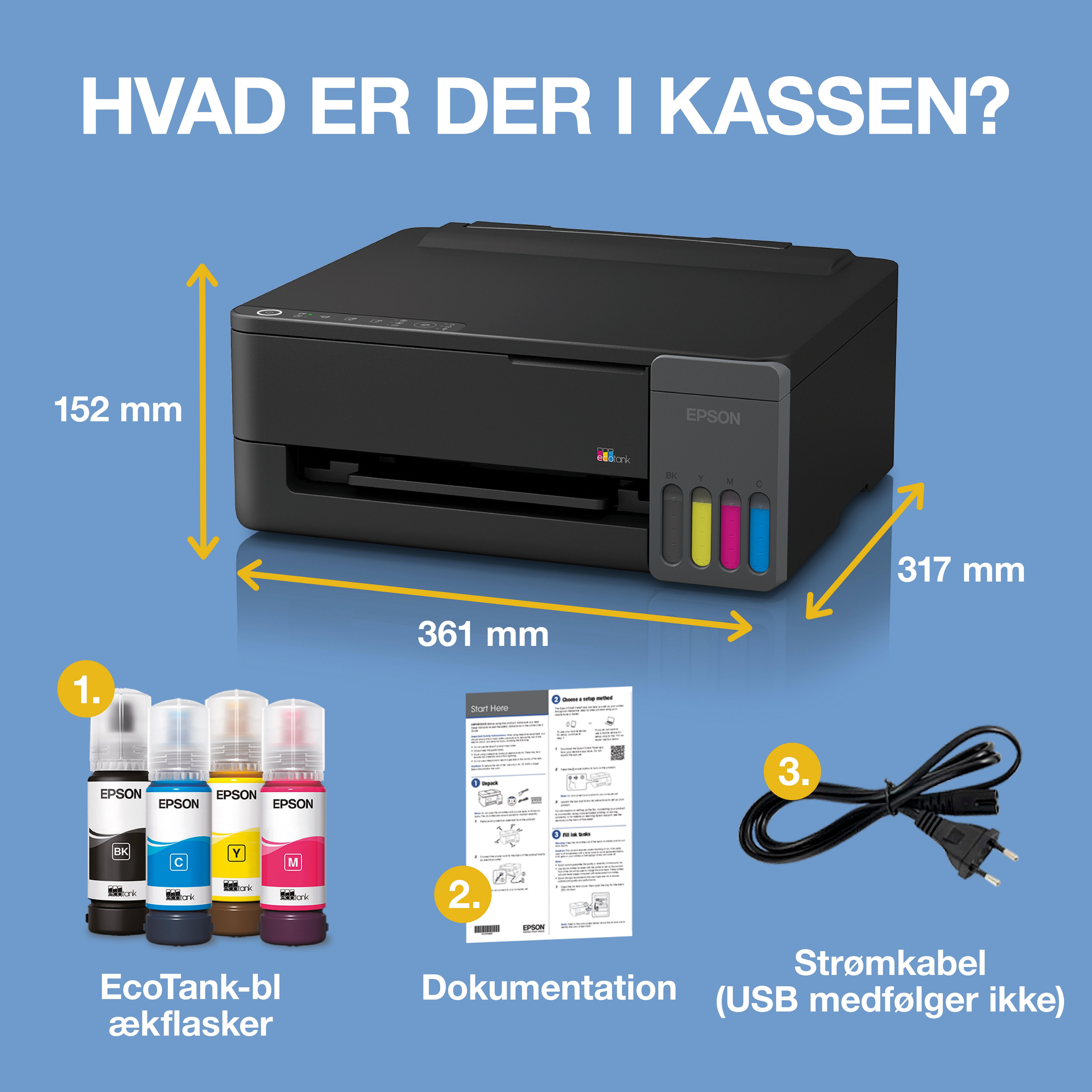 EcoTank ET-1910 A4 Wi-Fi &amp; AirPrint-printer med blækbeholder inklusive blæk til ca. 3 års forbrug whats in the box