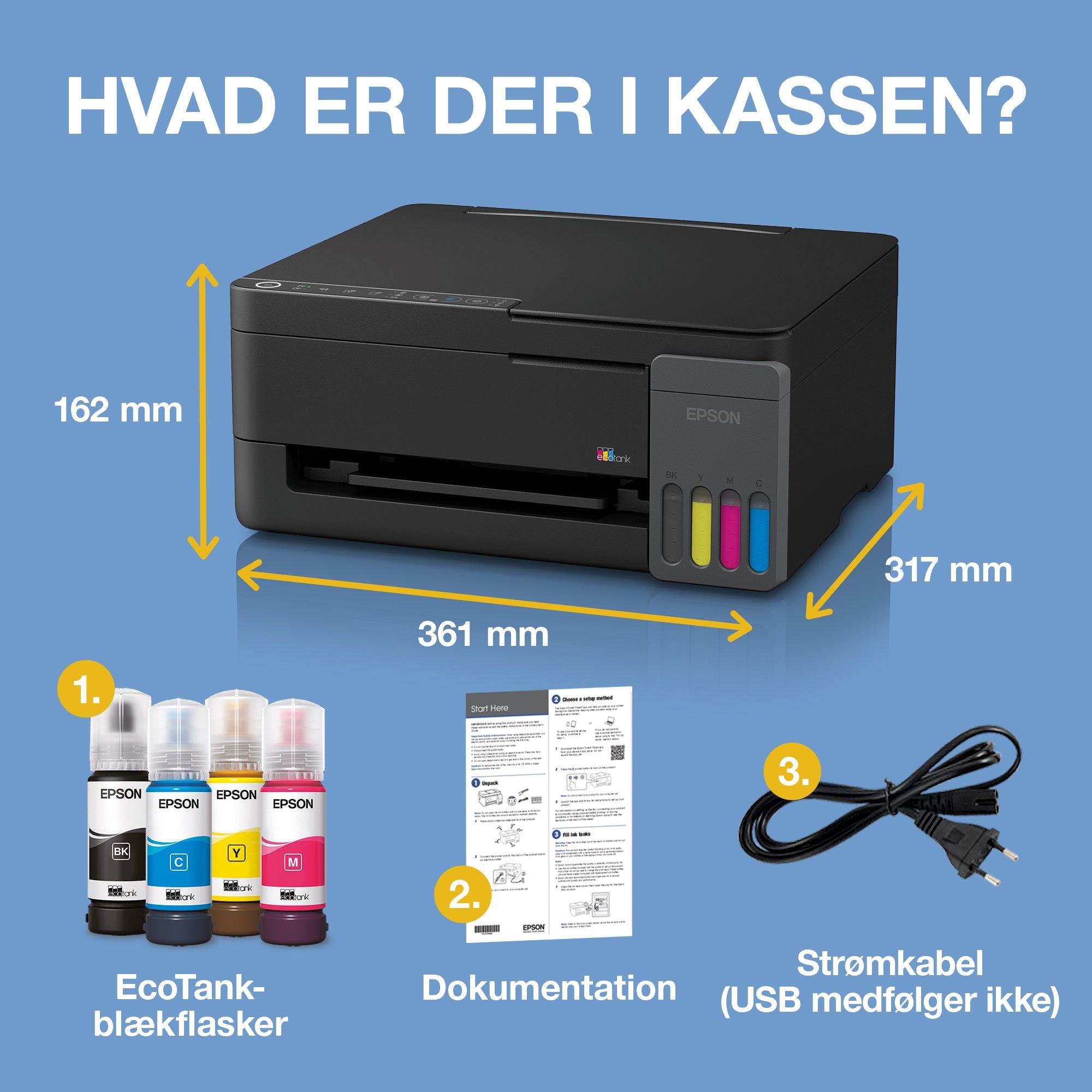 EcoTank ET-2910 A4 Wi-Fi &amp; AirPrint-multifunktionsprinter med blækbeholder, inkl. blæk til ca. 3 års forbrug whats in the box