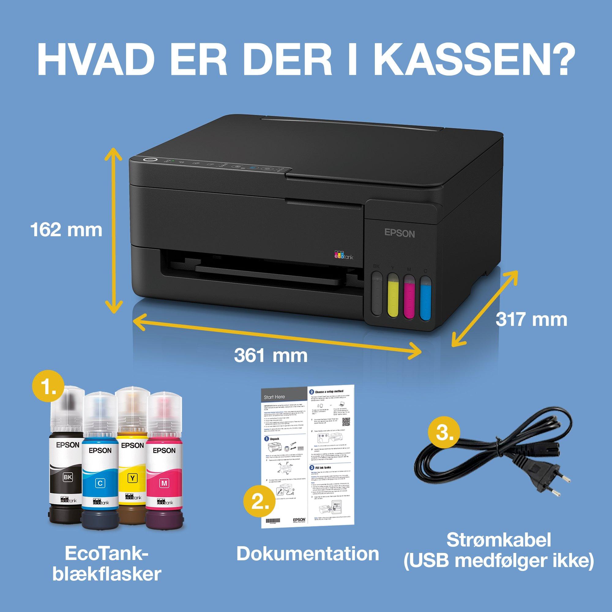 EcoTank ET-2914 A4 Wi-Fi &amp; AirPrint-multifunktionsprinter med blækbeholder, inkl. blæk til ca. 3 års forbrug whats in the box