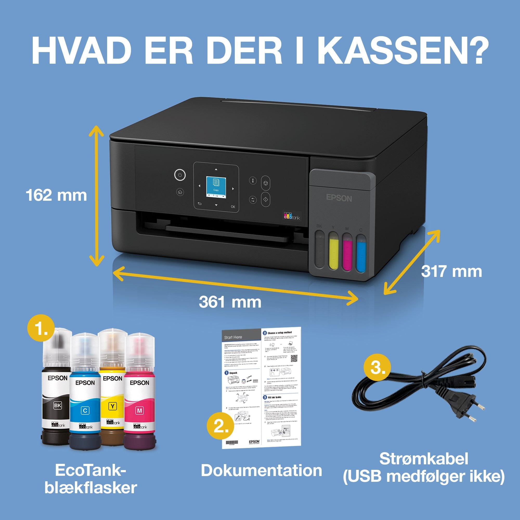 EcoTank ET-2927 A4 Wi-Fi &amp; AirPrint-multifunktionsprinter med blækbeholder med LCD-skærm og blæk op til ca. 3 års forbrug inkluderet whats in the box