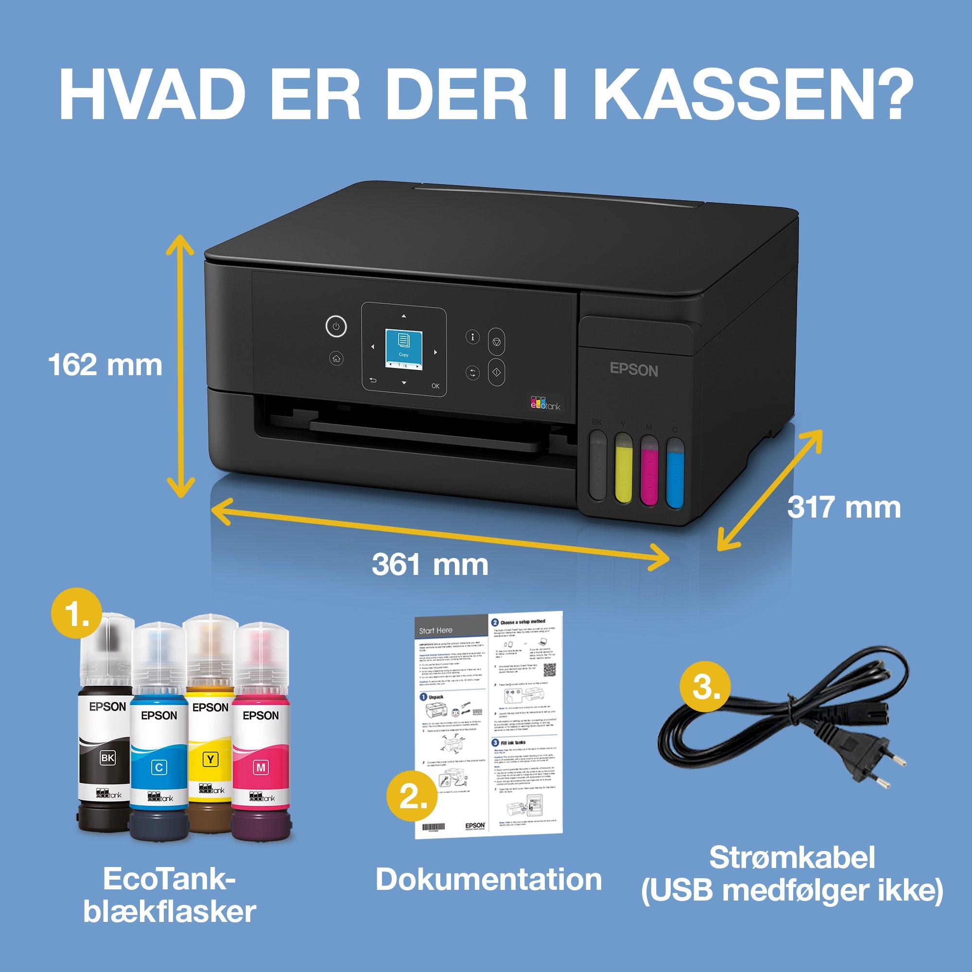 EcoTank ET-2925 A4 Wi-Fi &amp; AirPrint-multifunktionsprinter med blækbeholder med LCD-skærm og blæk op til ca. 3 års forbrug inkluderet whats in the box