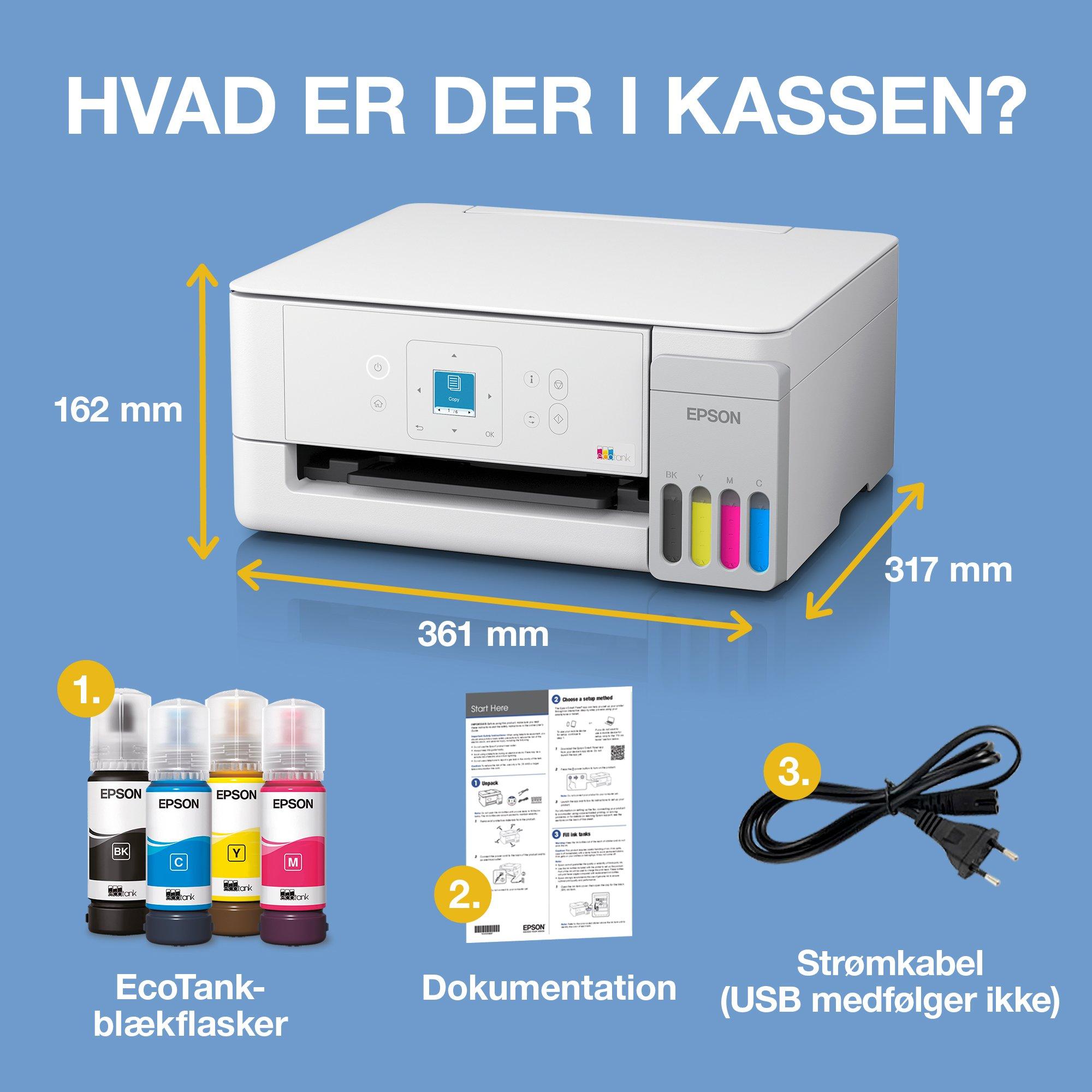 EcoTank ET-2926 A4 Wi-Fi &amp; AirPrint-multifunktionsprinter med blækbeholder med LCD-skærm og blæk op til ca. 3 års forbrug inkluderet whats in the box
