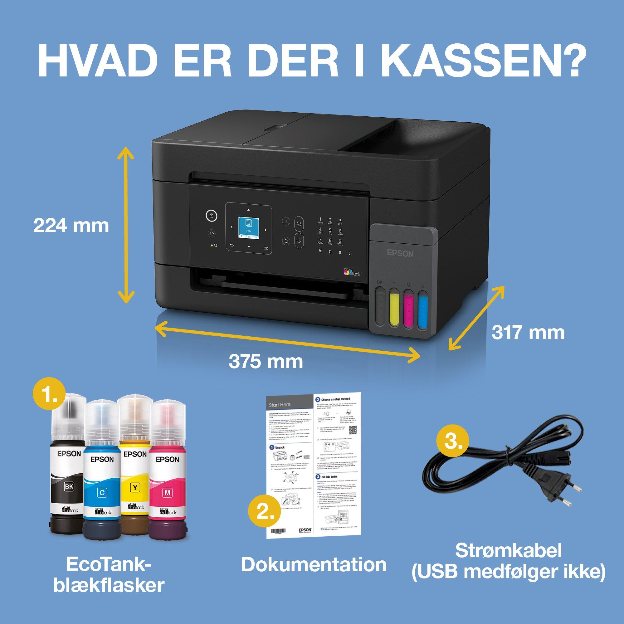 EcoTank ET-4905 A4 Wi-Fi &amp; AirPrint-multifunktionsprinter med blækbeholder med LCD-skærm og ADF samt blæk op til ca. 3 års forbrug inkluderet whats in the box