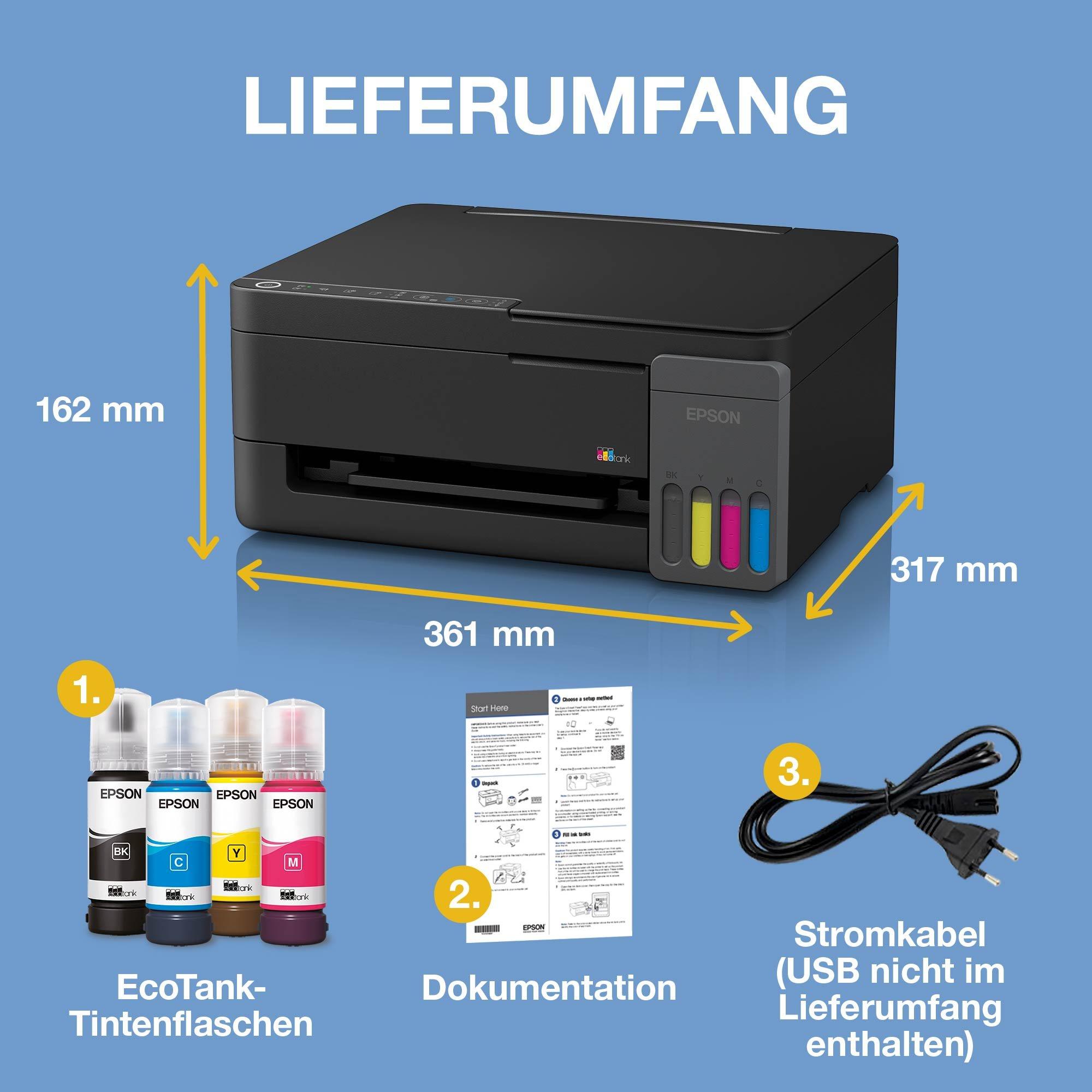 EcoTank ET-2910 A4-Multifunktions-Wi-Fi- und AirPrint-Tintentankdrucker, mit einem im Lieferumfang enthaltenen Vorrat an Tinte für bis zu 3 Jahre whats in the box