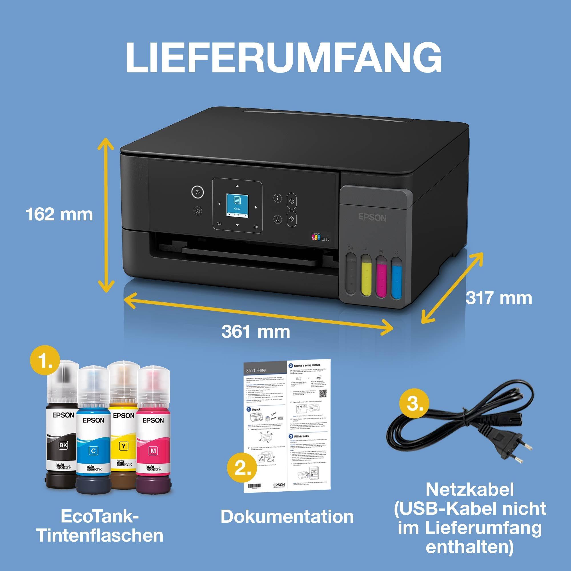 EcoTank ET-2920 A4-Multifunktions-Wi-Fi- und AirPrint Tintentankdrucker, mit einem LC-Display und einem im Lieferumfang enthaltenen Vorrat an Tinte für bis zu 3 Jahre whats in the box