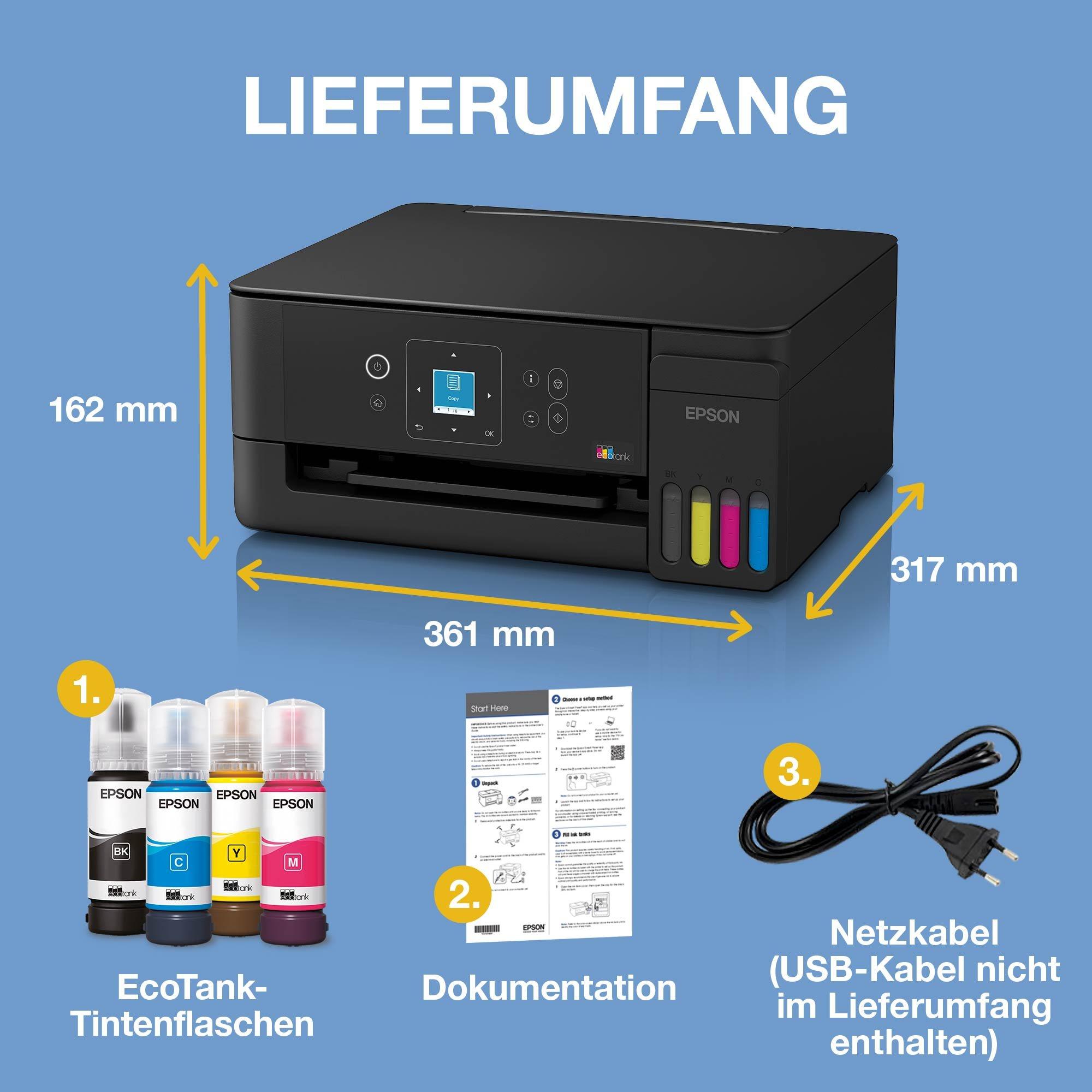 EcoTank ET-2922 A4-Multifunktions-Wi-Fi- und AirPrint Tintentankdrucker, mit einem LC-Display und einem im Lieferumfang enthaltenen Vorrat an Tinte für bis zu 3 Jahre whats in the box