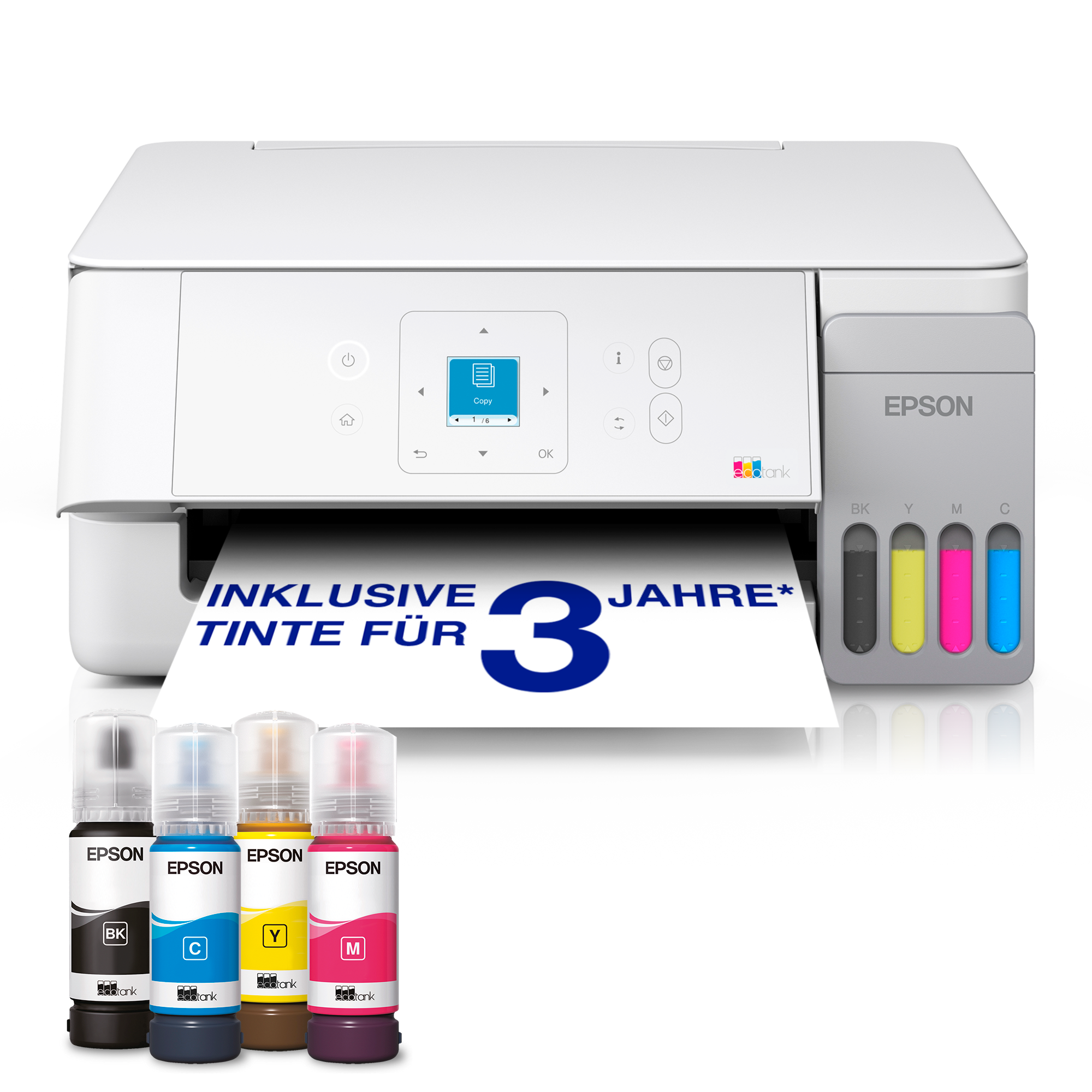 EcoTank ET-2926 A4-Multifunktions-Wi-Fi- und AirPrint Tintentankdrucker, mit einem LC-Display und einem im Lieferumfang enthaltenen Vorrat an Tinte für bis zu 3 Jahre