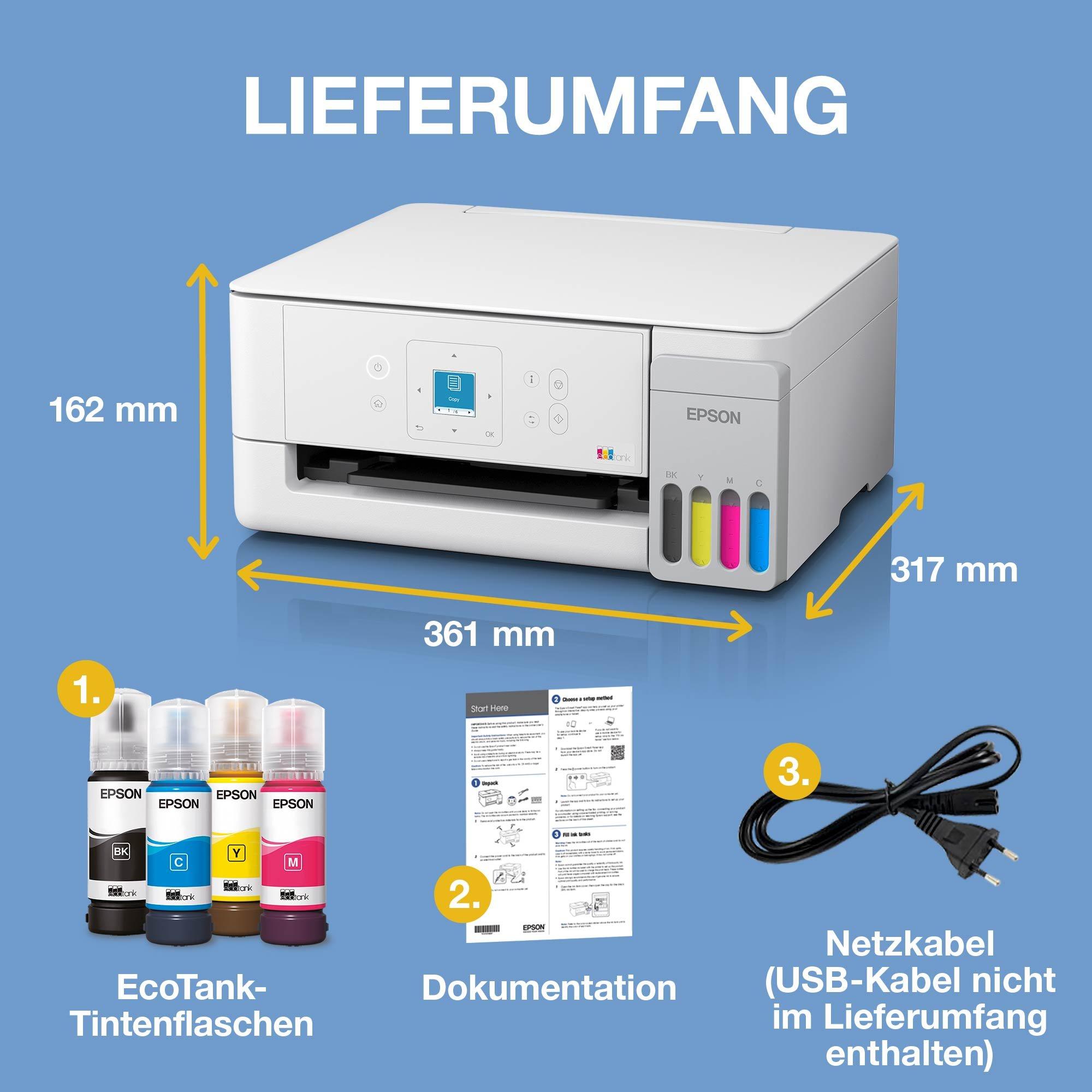 EcoTank ET-2926 A4-Multifunktions-Wi-Fi- und AirPrint Tintentankdrucker, mit einem LC-Display und einem im Lieferumfang enthaltenen Vorrat an Tinte für bis zu 3 Jahre whats in the box