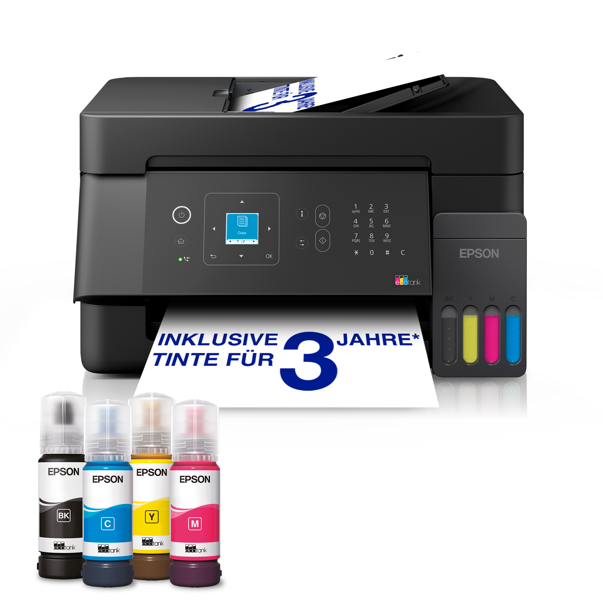 EcoTank ET-4905 A4-Multifunktions-Wi-Fi- und AirPrint Tintentankdrucker, mit LC-Display und automatischem Dokumenteneinzug sowie einem im Lieferumfang enthaltenen Tintenvorrat für bis zu 3 Jahre