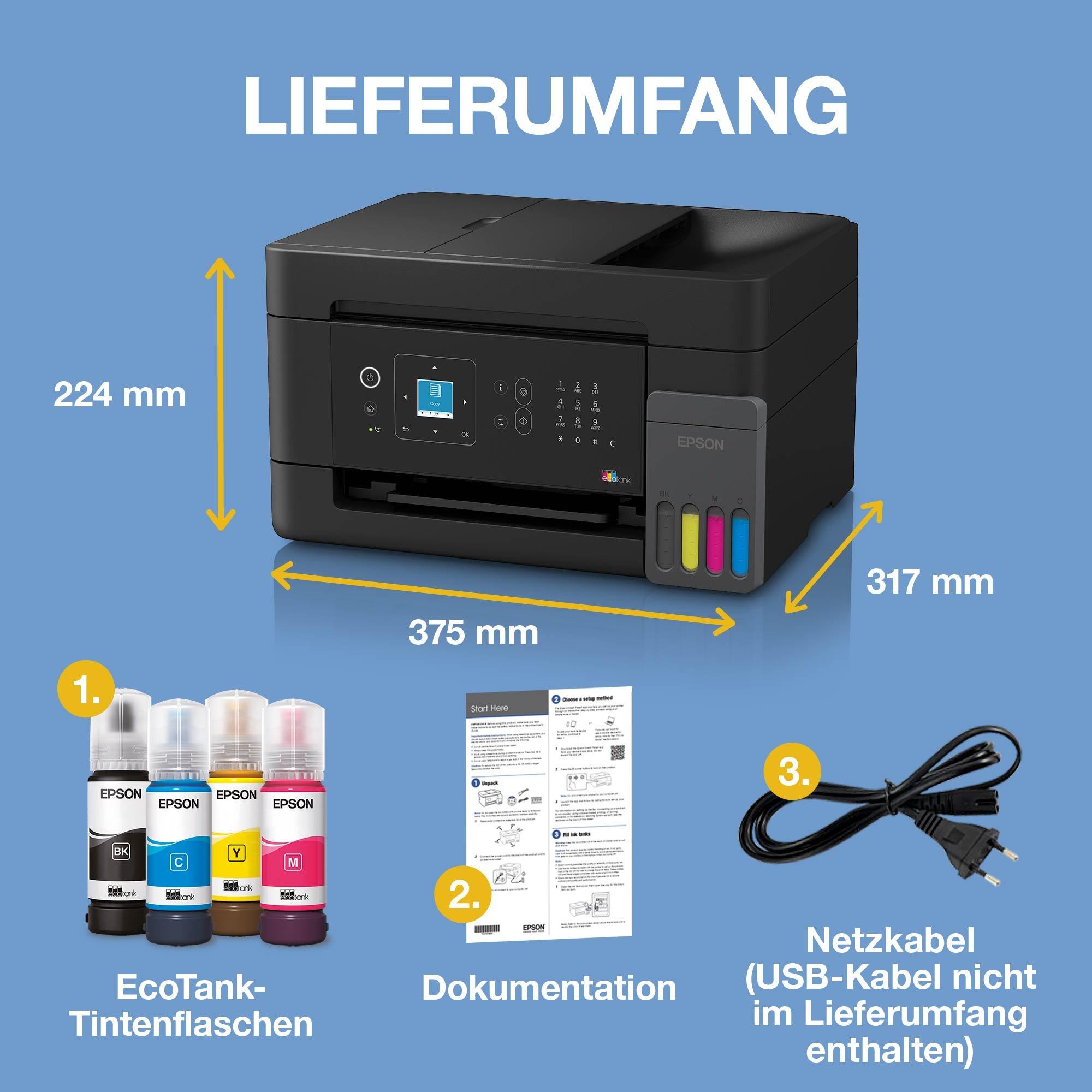 EcoTank ET-4905 A4-Multifunktions-Wi-Fi- und AirPrint Tintentankdrucker, mit LC-Display und automatischem Dokumenteneinzug sowie einem im Lieferumfang enthaltenen Tintenvorrat für bis zu 3 Jahre whats in the box