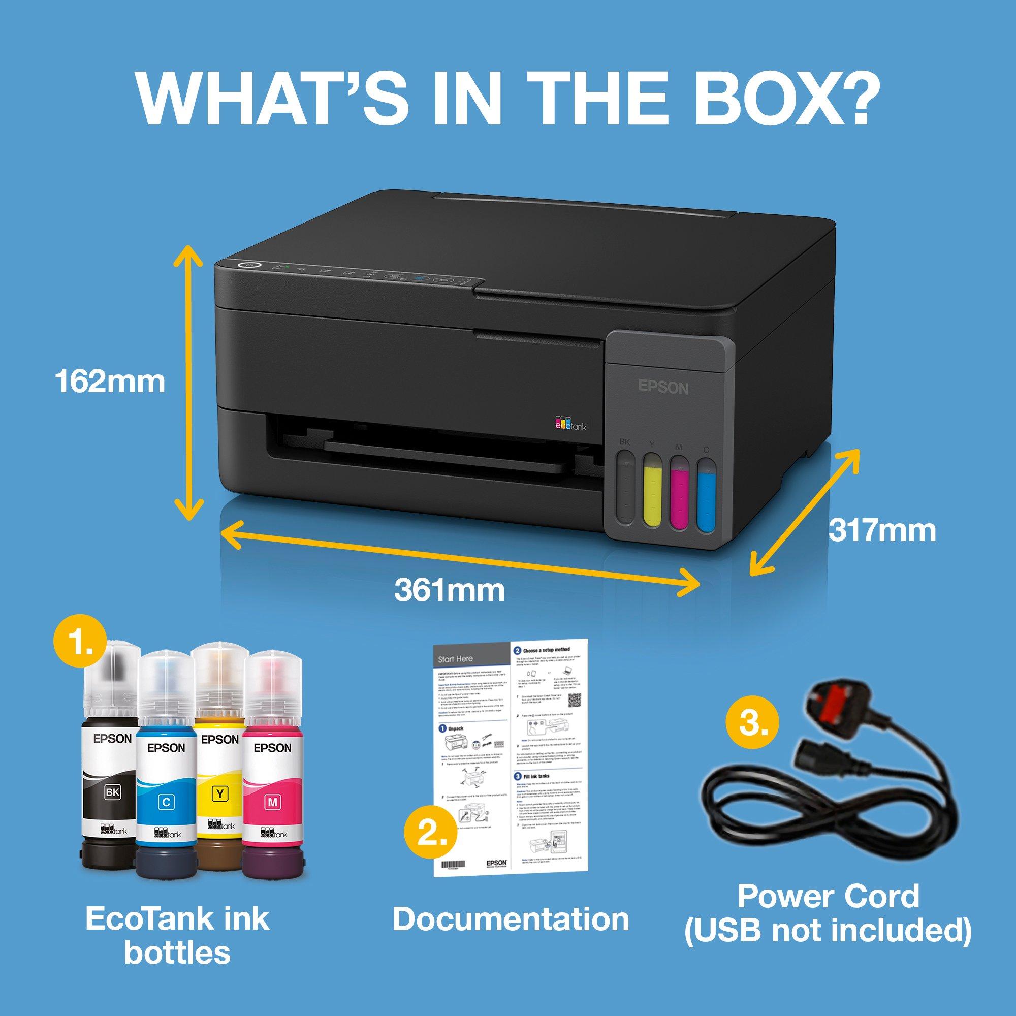 EcoTank ET-2916 A4 Multifunction Wi-Fi &amp; AirPrint Ink Tank Printer With Up To 3 Years Of Ink Included whats in the box