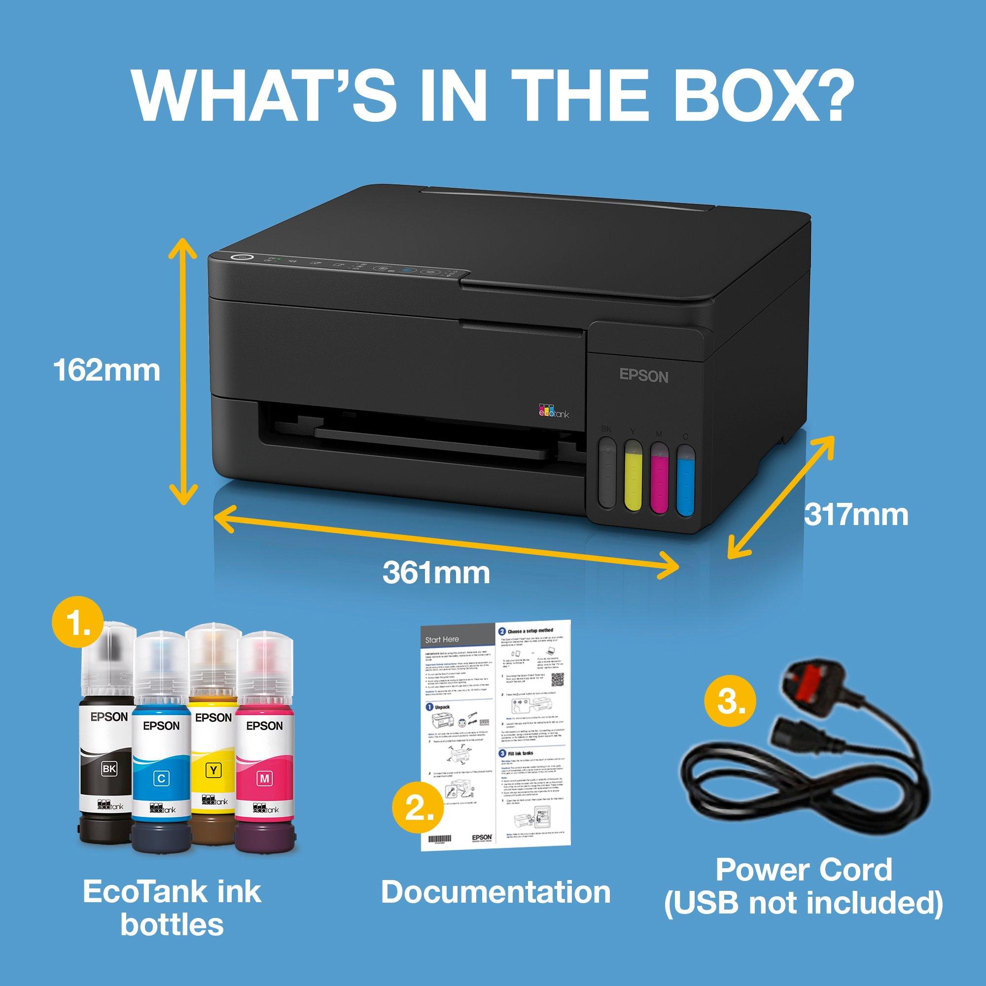 EcoTank ET-2911 A4 -monitoimitulostin Wi-Fi- ja AirPrint-tuella ja mustesäiliöjärjestelmällä, mukana jopa kolmen vuoden musteet whats in the box